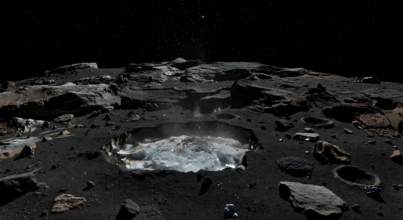 A freshly torn erosion scar breaks through the comet’s almost charcoal-black, organic-rich crust, revealing a fragile patch of dirty ice mottled white and bluish gray, its jagged edges already being eaten back by sunlight. Around it, the surface is a rubble of fractured crustal plates, angular blocks, pepper-fine dark dust, and small collapsed pits, while a faint gas seep from tiny cracks lifts glittering ice grains and dust in slow, graceful arcs that only make sense in the nucleus’s feeble gravity. The stark lighting—hard white Sun, razor-edged shadows, black vacuum sky—underscores how dark this world really is: the crust reflects only a few percent of the light, so the newly exposed volatile-rich material shines with startling intensity by comparison. With the close horizon curving sharply and distant scarps rising over a body only about 15 by 8 kilometers across, the scene feels both intimate and immense, a silent frozen surface briefly coming alive as buried ices sublimate directly into space.