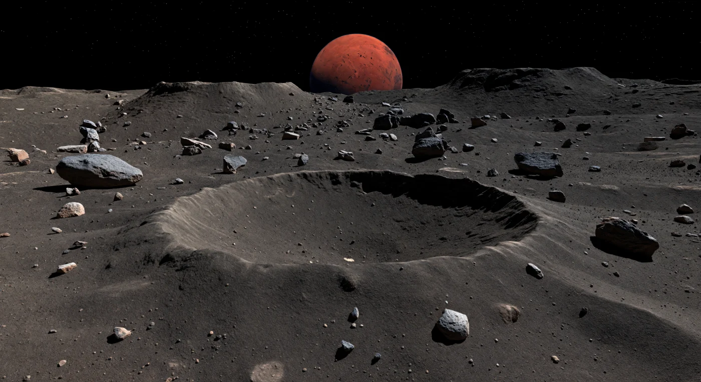 At the edge of a sharply carved young crater, the ground is a mosaic of charcoal-gray dust, darker freshly exposed subsurface material, and angular ejecta blocks that look as though they were flung out only yesterday. In the airless vacuum, the smaller-than-Earth Sun casts brutally crisp light, so the crater’s raised rim throws a knife-edged shadow across its bowl and every pebble, pit, and fractured boulder stands out with unnatural clarity against the black sky. The surface here is a porous, carbonaceous-chondrite-like regolith mantling an irregular, heavily battered body whose weak gravity preserves delicate ejecta streaks, faint grooves, and shallow troughs across the surrounding plains. Above it all hangs an enormous rust-red Mars, its disk dwarfing the horizon and making this intimate scatter of dust and stone feel suspended on a tiny, fragile world.