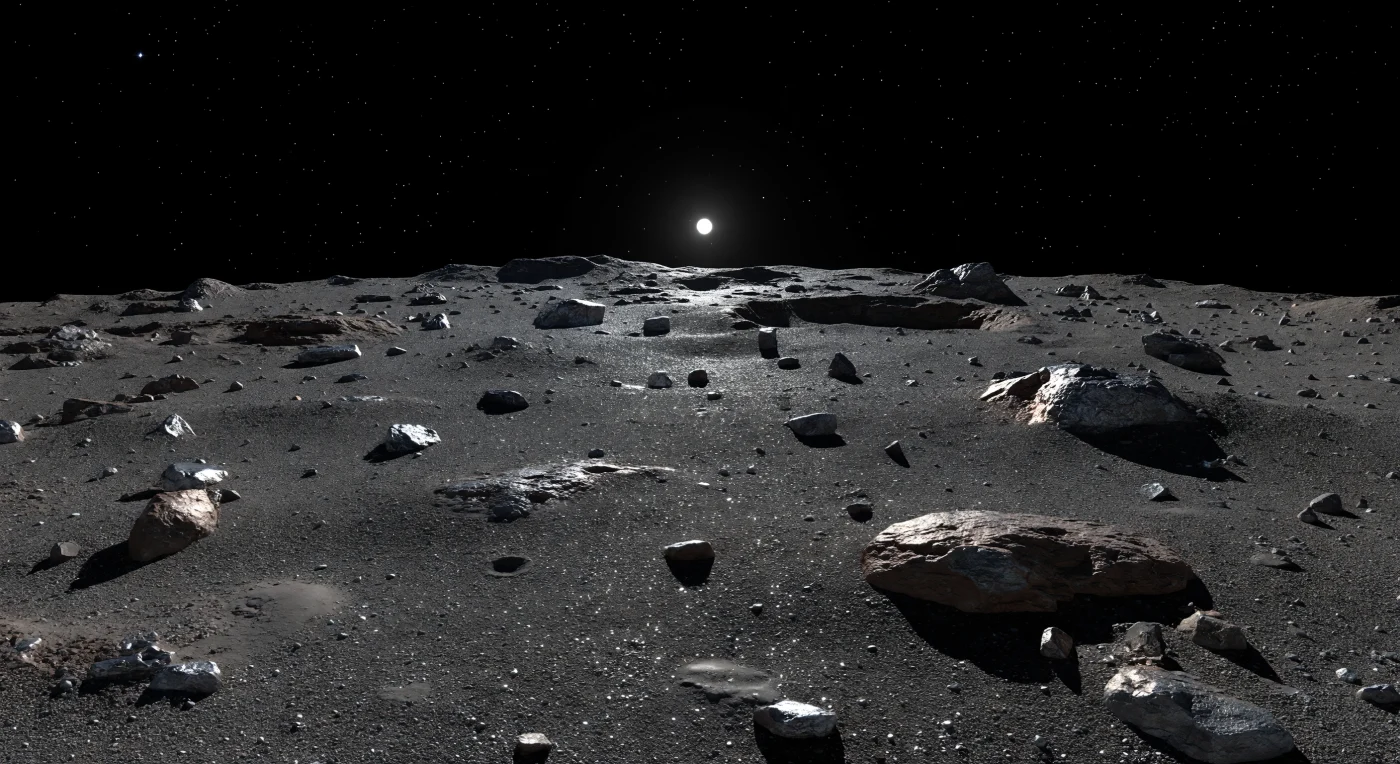 A broad plain of coarse charcoal regolith and shattered metal-silicate rubble stretches away across a horizon so near and so visibly curved that you feel the smallness of the world beneath your feet. The ground is mostly matte graphite, steel gray, and dull gunmetal, but in the hard white sunlight countless iron-nickel grains ignite as tiny silver flashes, while exposed slabs of weathered metallic bedrock and angular boulders gleam with colder, mirror-bright highlights. With no air to soften the view, every pebble throws a razor-edged black shadow, shallow micro-craters and delicate ejecta textures remain perfectly preserved, and low ridges only a few tens of meters high rise like miniature mountains in the weak gravity. Above it all hangs a pitch-black sky studded with sharp daylight stars, making this silent plain of metal-rich debris feel both scientifically revealing—a surface shaped by impacts, vacuum, and an unusually ferrous composition—and profoundly otherworldly.