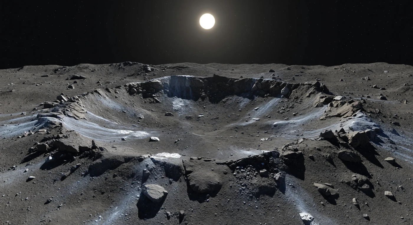 You stand on a raw impact landscape where the ground is strewn with jagged rim rubble, fractured slabs, and angular boulders cast across a broad ejecta plain, their crisp edges preserved by near-vacuum stillness and almost no erosion. Across the usual dark, carbon- and clay-rich regolith, fresh material from the young crater lies in brighter, subtly bluish streaks and pale salt-rich patches, hinting at a crust laced with hydrated minerals, brines, and traces of near-surface ice excavated by the impact. In the middle distance, the uplifted rim rises in a broken arc of terraces, slumps, and shattered crestlines, while beyond it the cratered plain curves gently away under the small-world horizon. Overhead, a black sky and a hard, distant Sun flood the scene with cold, unforgiving light, carving every stone and hollow into razor-sharp black shadow and giving the entire landscape the stark, frozen clarity of a world suspended between rock and ice.