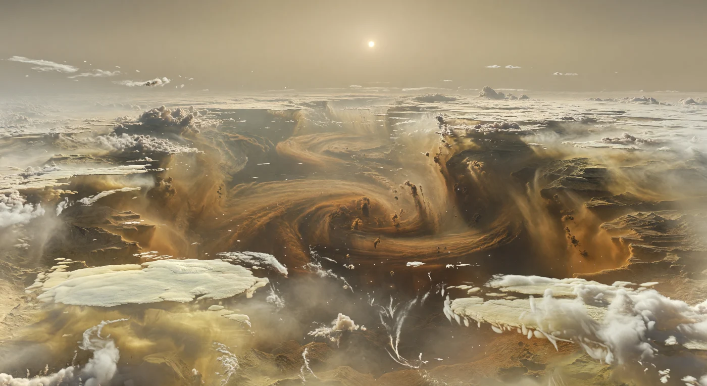 From the edge of the clearing, pale ammonia-ice cloud shelves rise and curl like immense luminous cliffs, their scalloped ledges and torn streamers suspended above a vast opening where the atmosphere drops away into smoky umber, ochre, and muted reddish-brown depths. This is not a surface but a layered hydrogen-helium sky shaped into topography by chemistry and motion: bright upper clouds of ammonia ice over darker ammonium hydrosulfide and deeper water-cloud haze, all sculpted by fierce jet streams, vortices, and sinking dry air within an equatorial hot spot. A tiny probe light or instrument mast is almost absurd against the scale, dwarfed by cloud walls tens of kilometers high and a chasm stretching hundreds of kilometers until it dissolves into amber-gray haze with no true horizon. Under a dirty beige sky, the distant Sun is only a weak, blurred disk, casting soft filtered light that leaves the cream cloud rims faintly glowing while the hot spot interior sinks into cinnamon shadow, making the whole scene feel less like weather than a descending glimpse into a planet-sized ocean of gas.