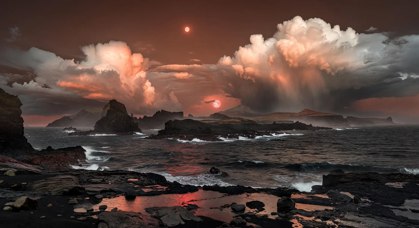 Voor je strekt zich een door stormen geteisterde vulkanische archipel uit, waar scherpe eilanden van donker basalt oprijzen uit een bijna zwarte oceaan en nat gesteente glanst in het rood-gouden licht dat door kolossale wolkentorens en regensluiers sijpelt. De kust verraadt een jonge, actieve geologie: zuilvormige afkoelingsscheuren, poreuze lavatexturen, ingestorte klifranden, zeeholen en versteende lavaterrassen wijzen op herhaald vulkanisme, krachtige branding en massabewegingen onder een hogere zwaartekracht dan op aarde. Boven dit alles hangt een permanente substellare stormgordel in een dichte, stikstofrijke atmosfeer, waardoor de hemel koperrood tot oranjebruin kleurt en de roodachtige ster als een grotere maar zwakkere zon diffuus door nevel en wolken heen brandt. Tussen schuimkoppen, zoute spindrift en karmozijnkleurige spiegelingen in getijdenpoelen voelt het landschap tegelijk vertrouwd en volkomen buitenaards: een natte, donkere kustwereld van enorme schaal, gevormd door vuur, water en eeuwige wind.