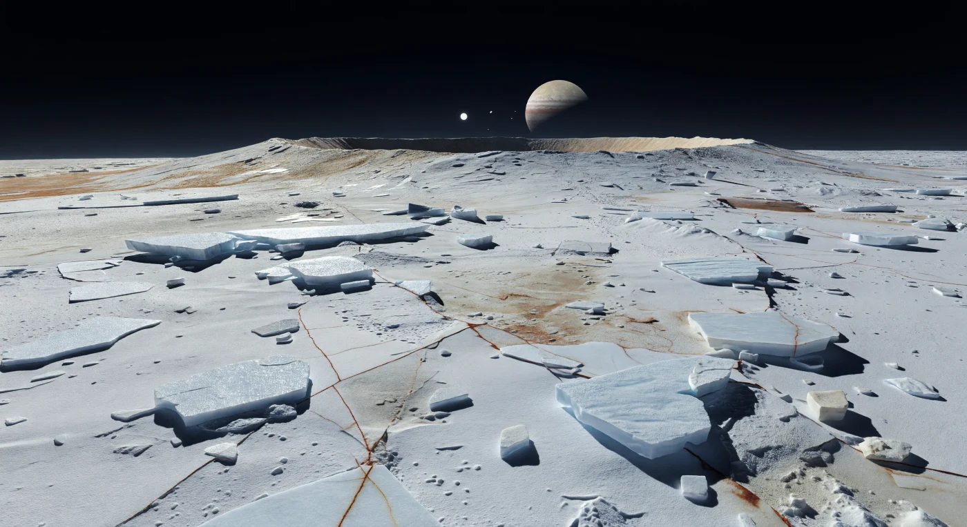 Sous un ciel absolument noir, la plaine fracturée est noyée dans une lumière dure qui fait étinceler un vaste manteau d’éjectas de glace d’eau fraîche, où des blocs anguleux, des brèches grossières, des dalles givrées et une poussière très réfléchissante s’étalent jusqu’à un rebord de cratère bas mais nettement surélevé. Au-delà, on distingue une portion du plancher plus sombre, teinté de brun fauve à rouille par des sels hydratés et des produits d’irradiation, tandis que le premier plan révèle des plaques de glace blanc bleuté recoupées par des lineae brun rougeâtre, de petites crêtes, des dépressions peu profondes, des champs de blocs secondaires et de jeunes cuvettes d’impact. Cet ensemble saisissant témoigne d’une excavation récente dans une croûte de glace rigide, sans eau liquide en surface, où le vide et la très faible atmosphère rendent les ombres presque parfaitement noires et les reflets cristallins d’une intensité presque aveuglante. À l’échelle du paysage, l’horizon doucement courbe, la faible gravité et, s’il domine le ciel, l’énorme disque strié de la géante voisine accentuent l’impression d’être sur un monde glacé, silencieux et radicalement étranger.