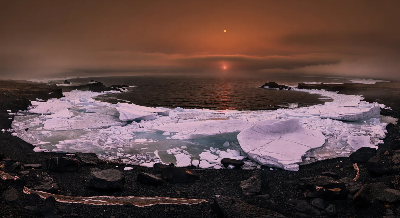 Aan de rand van de warmere oceaanhelft kraakt een chaos van lilawit pakijs tegen een strand van houtskoolzwart basalt, waar natte, glasachtige lavasteen, hoekige rotsblokken en roestbruine strepen van rijp en zout de kust een ruwe, vulkanische textuur geven. Het zwakke rood-oranje licht valt hier permanent laag over de horizon, gefilterd door een dichte, vermoedelijk stikstofrijke atmosfeer vol zeemist en ijssluier, zodat het open water voorbij het ijs bijna zwart lijkt en tegelijk in bronsrode banen opgloeit. De gebroken ijsplaten, opgestuwde ruggen en stofverdofte naden wijzen op samengedrukt waterijs dat voortdurend schuurt, breekt en herschikt waar de bewoonbaarder, warmere zone overgaat in de bevroren buitenring van deze getijdengebonden wereld. Langs de eindeloos wegkrullende kust, tussen donkere kapen en bevroren inhammen, voelt de schaal bijna planetair tastbaar: een stille grens tussen oceaan en ijs, badend in koperkleurige nevel onder een roodachtige ster die nooit echt opkomt of ondergaat.