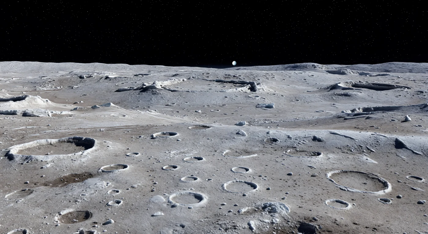 Devant vous s’étend un vieux plateau glacé saturé d’impacts, où des cratères émoussés et imbriqués se pressent jusqu’à l’horizon dans un régolithe clair, gris à brun-gris pâle, mêlé de glace d’eau fracturée et de poussière gelée. La lumière très rasante fait ressortir des crêtes de rebord légèrement plus brillantes, sans doute enrichies en glace plus propre ou en givre persistant, tandis que des taches sombres de matériaux carbonés ou altérés par le rayonnement ponctuent les plaines entre les dépressions. En l’absence totale d’atmosphère, le ciel est d’un noir absolu et les ombres tombent avec une netteté brutale, révélant un relief figé par des milliards d’années de bombardement, de pulvérisation et d’altération spatiale. Malgré l’ancienneté du terrain, la faible gravité permet à des escarpements brisés, à des blocs épars et à de vastes bourrelets de croûte perturbée de conserver une présence étonnamment vive, donnant à ce désert de glace l’allure silencieuse, immense et étrangère d’un monde immobile.