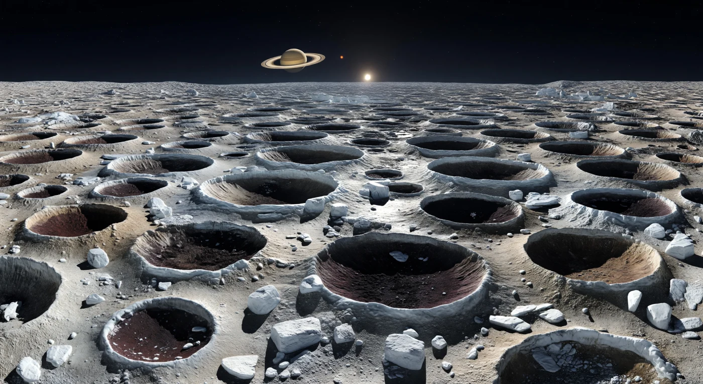 Sous cette lumière rasante d’un soleil minuscule, le paysage ressemble à un labyrinthe de glace poreuse où d’innombrables cratères en coupe s’emboîtent les uns dans les autres, leurs arêtes vives brillant d’un blanc froid tandis que leurs intérieurs plongent presque aussitôt dans un noir total. À vos pieds, des blocs anguleux de glace d’eau fracturée, des crêtes-selles étroites, des contreforts dentelés et de friables nappes d’éjectas dessinent un relief chaotique, préservé avec une netteté exceptionnelle par la très faible gravité et l’extraordinaire porosité du sous-sol. Au fond des dépressions les plus profondes, des dépôts sombres riches en composés organiques, brun rougeâtre à noir fuligineux, se sont accumulés comme une poussière lourde sur les planchers d’impact, accentuant encore le contraste avec les liserés glacés éclatants. Au-dessus de cet enchevêtrement de puits et de remparts, le ciel reste parfaitement noir faute d’atmosphère, piqué de quelques étoiles même en plein “jour”, tandis qu’un disque gigantesque annelé domine l’horizon et que l’absence totale de brume rend chaque ombre tranchante, comme si vous vous teniez au bord d’une éponge cosmique ouverte sur le vide.