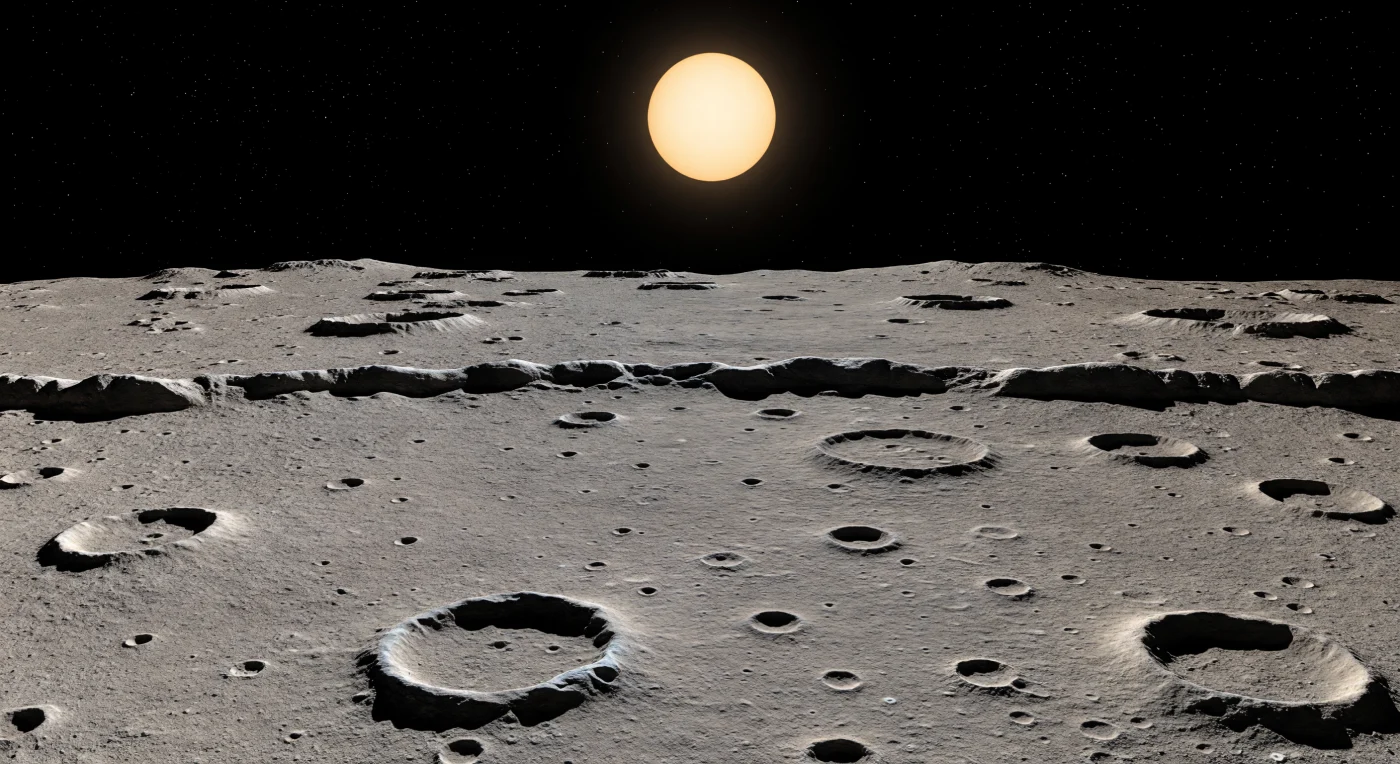 आपके सामने अरबों वर्षों की टक्करों से तराशी गई प्राचीन अंतर-क्रेटर समभूमि फैली है—हल्की उठान-गिरावट वाली धूसर-भूरी सतह, जिस पर महीन, पाउडर जैसी रेगोलिथ की चादर बिछी है और हर दिशा में छोटे-बड़े प्रभाव-गर्तों की भीड़ क्षितिज तक चली जाती है। दूर से यह भूभाग लगभग एकरस लगता है, पर पास देखने पर इतिहास खुलता है: पुराने, घिसे हुए क्रेटरों के किनारे बस नरम उभार बनकर रह गए हैं, जबकि अपेक्षाकृत नए क्रेटर तीखी दीवारों, सीढ़ीनुमा ढलानों और कभी-कभी केंद्रीय शिखरों के साथ अब भी स्पष्ट खड़े हैं। बीच दूरी में एक लोबदार स्कार्प, ग्रह के आंतरिक सिकुड़ने से बनी विशाल थ्रस्ट-फॉल्ट रीढ़, मैदानों को चीरती हुई उठती है और बिना वायुमंडल वाली दुनिया की निर्मम रोशनी में उसकी छाया चाकू की धार जैसी कड़ी रेखा बनाती है। ऊपर आकाश पूर्णत: काला है, और प्रचंड, कठोर सूर्यप्रकाश के नीचे उजले ढलान चमकते हैं जबकि छायादार गर्त बिल्कुल स्याह हो जाते हैं—ऐसा दृश्य मानो आप समय, शून्य और पत्थर के आदिम अभिलेख के बीच खड़े हों।
