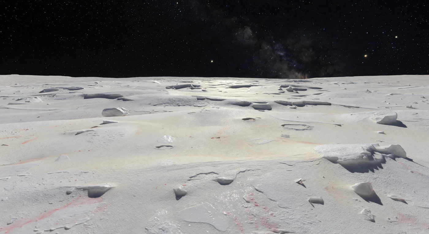 Devant vous s’étend une plaine immense de givre de méthane blanc éclatant à crème pâle, finement mouchetée de reflets rosés, où des croûtes granulaires, des plaques polygonales cassantes, de minuscules puits de sublimation et quelques rides figées composent une texture d’une netteté saisissante sous une lumière très faible mais implacable. Par endroits, des glaces un peu plus grises — riches en azote et en éthane — affleurent entre de bas mamelons, de petits cratères adoucis, de discrètes fractures et des blocs anguleux de glace d’eau à demi enfouis, tandis que de rares traînées brun rougeâtre de tholins rappellent la lente chimie du rayonnement dans ce froid extrême d’environ 40 K. L’absence presque totale d’atmosphère laisse le ciel d’un noir pur, saturé d’étoiles et traversé par une Voie lactée éclatante, alors que le Soleil n’est plus qu’un point dur et aveuglant projetant des ombres d’une finesse de lame. À cette échelle réduite, l’horizon semble proche et nettement courbé, accentuant l’étrange sensation de se tenir sur un petit monde gelé, immobile depuis des éons, où la surface brillante a été patiemment façonnée par les dépôts volatils, les impacts et le temps profond.