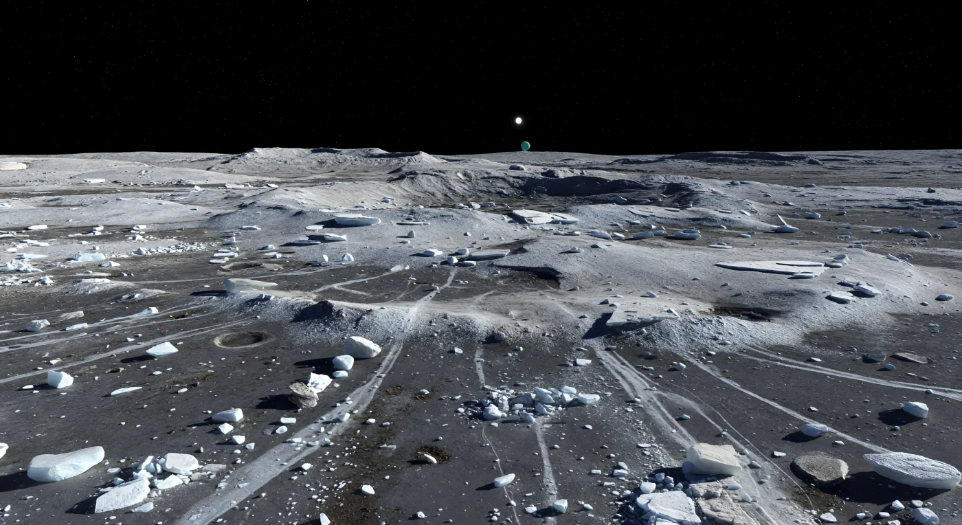 À hauteur du sol, le regard se perd sur un chaos d’éjectas bosselés où des blocs anguleux de glace d’eau, des dalles crustales brisées et des gravats glacés bréchifiés, poudrés de givre gris pâle à blanc cassé, recouvrent une croûte plus ancienne, sombre et riche en matériaux carbonés. Les rides basses et les traînées claires s’alignent radialement depuis le grand impact qui a creusé Gertrude, tandis que de petites cuvettes secondaires, des bourrelets lobés et des rebords de cratères à demi ensevelis racontent la violence de l’excavation et la retombée des débris dans une gravité faible. Ici, l’absence presque totale d’atmosphère laisse chaque relief d’une netteté implacable: ombres noires tranchées sous les rochers, éclats bleutés sur les faces de glace fraîche, lointains escarpements et plaines cratérisées qui ne s’effacent que par la perspective, jamais par la brume. Au-dessus, le ciel reste d’un noir absolu, percé par un Soleil minuscule mais d’une blancheur intense, dont la lumière froide et parcimonieuse donne à ce désert gelé une immensité silencieuse, suspendue hors du temps.