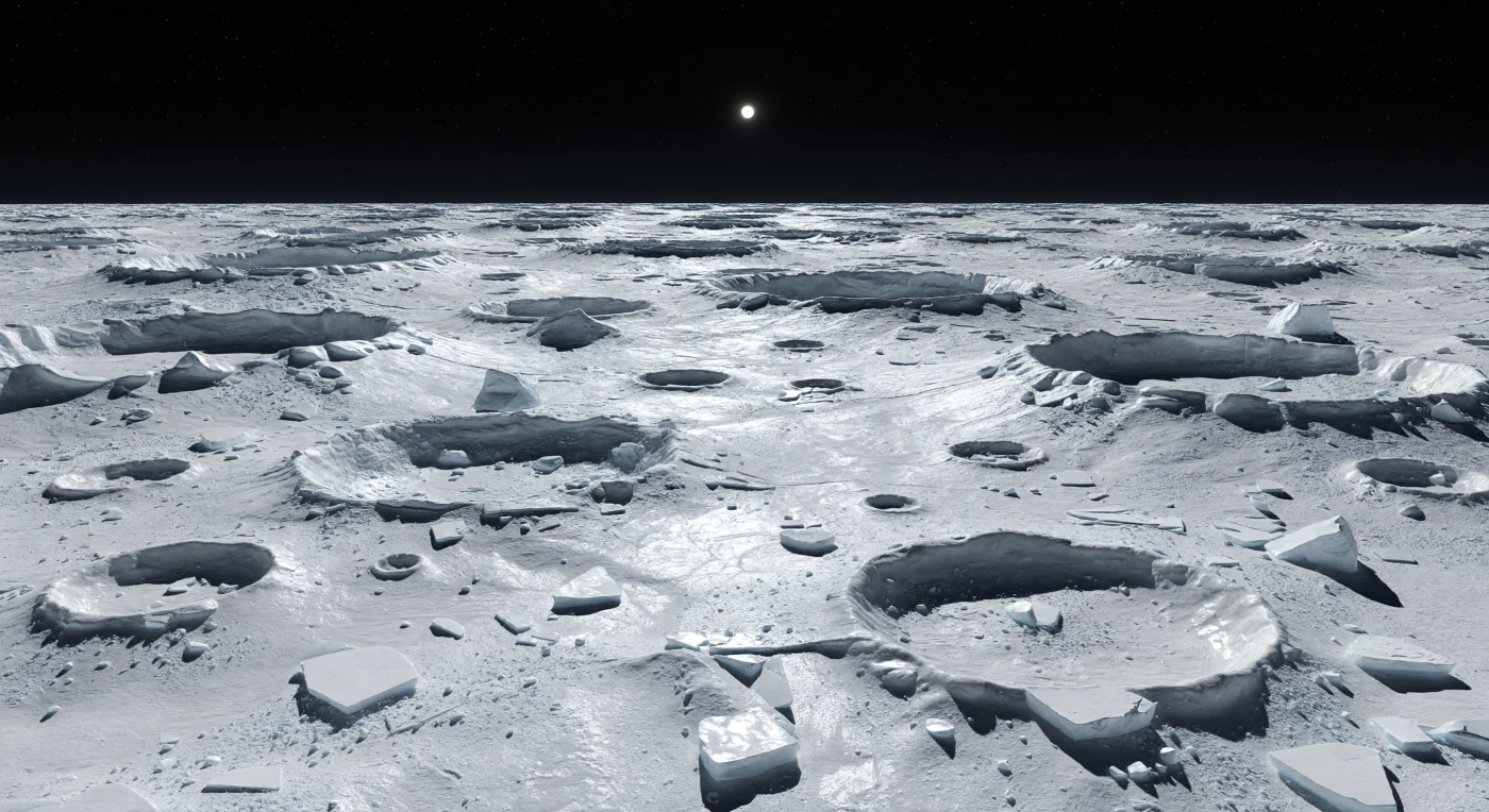 Davanti a te si stende un deserto di ghiaccio abbagliante: una distesa senza fine di crateri sovrapposti, bordi netti ed ejecta accidentati di regolite ricca di acqua ghiacciata, bianchi e grigio pallido, che riflettono la luce solare con una violenza quasi accecante sotto un cielo nero assoluto. In primo piano, lastre fragili di bedrock ghiacciato, granuli simili a brina e blocchi angolosi fratturati mostrano la natura estremamente fredda, secca e senz’aria della superficie, dove l’assenza totale di atmosfera rende le ombre sottilmente azzurre, durissime e taglienti, e conserva ogni dettaglio con chiarezza spietata. Questo terreno antico, scolpito da innumerevoli impatti e dominato da ghiaccio d’acqua con piccole inclusioni più sporche e grigiastre, rivela una crosta fragile modellata per ere da collisioni in una gravità molto debole, che lascia rilievi scoscesi, pareti crateriche scallopate e cumuli di detriti incredibilmente ripidi. Fino all’orizzonte, le creste dei bacini si accatastano una sull’altra come onde pietrificate, amplificando il senso di silenzio, immobilità e scala titanica di un paesaggio alieno che sembra congelato fuori dal tempo.