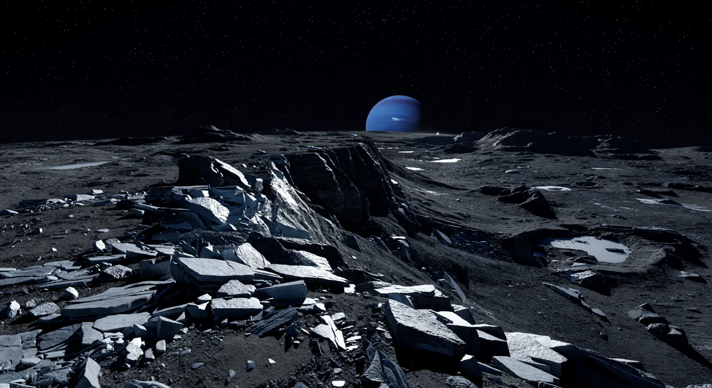 Au bord d’un escarpement élevé, près du terminateur, le minuscule Soleil émerge à peine d’un horizon violemment courbé, soulignant d’un éclat blanc et glacé les dalles brisées de glace d’eau gris ardoise, les blocs anguleux et les éboulis sombres, tandis que leur face opposée s’abîme aussitôt dans un noir absolu. Ce contraste extrême, sans la moindre diffusion ni brume, trahit une surface totalement dépourvue d’atmosphère : une croûte antique, fortement cratérisée, mêlant glace, silicates et matériaux carbonés assombris, où les impacts ont laissé champs de blocs, petites cavités superposées, scarps fracturés et rares taches plus claires de glace fraîchement exposée. La très faible gravité permet aux rochers de conserver des arêtes anormalement vives et des empilements précaires au bord du vide, tandis que le relief s’étage depuis les gravats du premier plan jusqu’aux plaines criblées de cratères et aux crêtes lointaines découpées en silhouettes noires. Au-dessus, le ciel reste d’un noir parfait malgré l’aube, semé d’étoiles immobiles, et l’immense disque bleu de Neptune flotte bas comme une présence silencieuse, donnant à ce paysage figé, gelé et primordial une beauté austère presque irréelle.