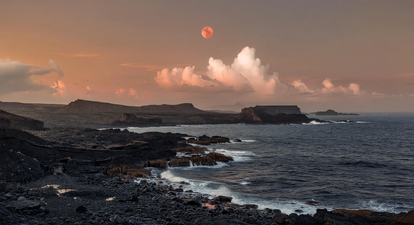 Vanaf een door golven geteisterde kust van zwart basalt kijk je uit over een donker staalblauwe, bijna zwarte oceaan, waar korte, krachtige golven in bleekgrijs schuim uiteenslaan tegen gebarsten lavaplaten, nat grind en afgeronde rotsblokken die glanzen van het zoute spuitwater. Hoog boven de horizon hangt een iets groter ogende, diep oranjerode ster met door vochtige nevel verzachte randen, terwijl reusachtige convectieve wolkentorens — felwit aan de belichte kanten, rozegrijs en mauve in de schaduw — opstijgen boven het warme water en het koperkleurige daglicht diffuus maken. Dit landschap past bij een zware superaardse wereld met een dichte, vermoedelijk stikstofrijke atmosfeer: de hoge zwaartekracht houdt de branding compact en laag, de basaltkust oogt massief en geaard, en de vochtige lucht dempt contrasten terwijl rood en nabij-infrarood licht nat gesteente en zee een doffe metaalglans geven. Alles voelt uitgestrekt, heet en vreemd stil tussen de donderslagen van de branding — een vulkanische kustlijn op de eeuwige dagzijde, waar rots, oceaan en wolken in een permanent rood getinte schemering lijken te ademen.