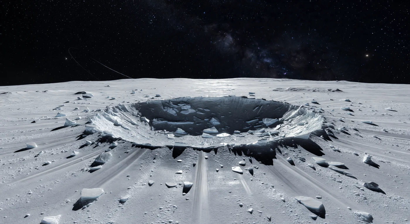 Au bord d’un jeune cratère en forme de bol, le sol éclate d’une blancheur presque douloureuse : de la glace d’eau cristalline fraîchement mise à nu, entassée en blocs anguleux blancs et bleu gris, dessine une lèvre surélevée d’où s’élancent de longues traînées d’éjectas brillants sur la plaine gelée. Les parois internes, lisses par endroits comme du verre figé et ailleurs rompues en terrasses de dalles fracturées, plongent brusquement dans une ombre noire absolue, car ici, sans atmosphère, le minuscule Soleil lointain n’est qu’un point d’une dureté implacable qui découpe des silhouettes nettes et glaciales. Dans la faible gravité de ce petit monde allongé, des blocs gros comme des maisons semblent à peine retenus, l’horizon proche se cambre fortement, et chaque fracture du terrain paraît suspendue dans un silence ancien presque intact depuis des milliards d’années. Au-dessus de ce paysage d’impact d’une fraîcheur saisissante, le ciel reste d’un noir de vide semé d’étoiles et barré par un fin arc pâle d’anneau, donnant l’impression de se tenir au bord d’une blessure récente ouverte dans une croûte de glace primitive.