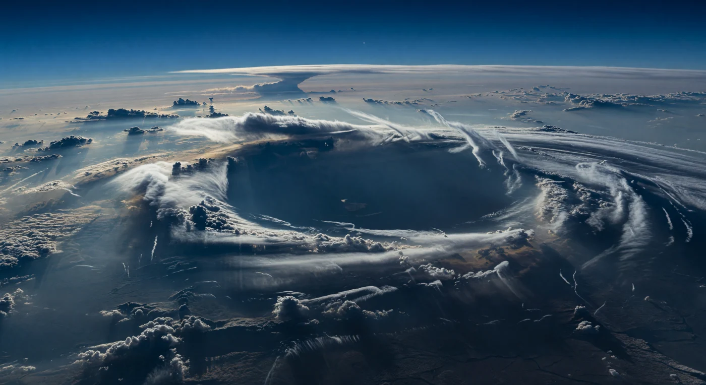 Ante ti se abre un océano de nubes sin suelo, una llanura turbulenta de hidrógeno, helio y metano donde el borde de un inmenso vórtice oscuro se curva más allá del horizonte como un abismo ovalado de azul carbón. Alrededor de esa depresión atmosférica elevada, una corona deslumbrante de nubes de hielo de metano asciende en murallas, arcos y filamentos blancos, nacidos allí donde el aire es forzado a elevarse sobre la estructura anticiclónica, mientras jirones desgarrados por el viento se estiran en bandas bajo una luz fría y lejana. El pequeño Sol apenas es un punto intenso en un cielo azul verdoso profundo, y su resplandor débil deja brillos plateados en las cimas nubosas y sombras difusas que se hunden en el corazón de la tormenta. Todo transmite una escala casi imposible: almenas de nubes de decenas de kilómetros, brumas estratificadas y corrientes supersónicas que modelan la atmósfera más como una materia viva que como un cielo, envolviéndote en un paisaje tan hermoso como violento.
