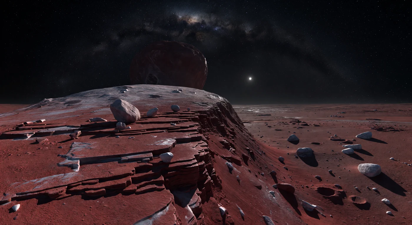 عند حافة فصّ مفلطح يقف المشهد على منحدر صغير لكنه شديد الانكسار، يرتفع أمتارًا قليلة بلون أحمر قرميدي داكن، حيث تتشقق مادة متماسكة من جليد الماء الممزوج بالمركبات العضوية إلى رفوف رقيقة وكتل زاوية وصخور متربعة بتوازن مدهش فوق مصاطب ضيقة في جاذبية واهنة جدًا. يغطي السطح غبار وصقيع فائق النعومة غنيّان بالثولينات، في درجات نبيذية وعنابية عميقة، بينما تكشف الشقوق الحديثة وحواف التكسر عن لمعات متناثرة من جليد أكثر نقاءً رماديّ أبيض، وكل شيء هنا ثابت منذ دهور لأن الفراغ التام ودرجة الحرارة القريبة من 40 كلفن يمنعان الرياح والسوائل وكل أشكال التعرية المعتادة. بعد حافة المنحدر مباشرة ينحني الأفق بسرعة لافتة، فتشعر بصغر هذا العالم وبامتداد سهل خافت من الأحمر الصدئ تنتشر فيه حدبات منخفضة وحفر ضحلة وفوهات نادرة وصخور جليدية تلقي ظلالًا طويلة حادة تحت إضاءة شمس بعيدة تبدو كنقطة بيضاء لامعة لا كقرص. وفوق هذا السكون الأسود المرصع بنجوم كثيفة وشريط درب التبانة اللامع، يلوح الفص المقابل كجدار مظلم محمر معلّق فوق العنق الضيق، في تذكير هائل بأنك تقف على بقايا بدائية شبه untouched من فجر تشكل النظام الشمسي.