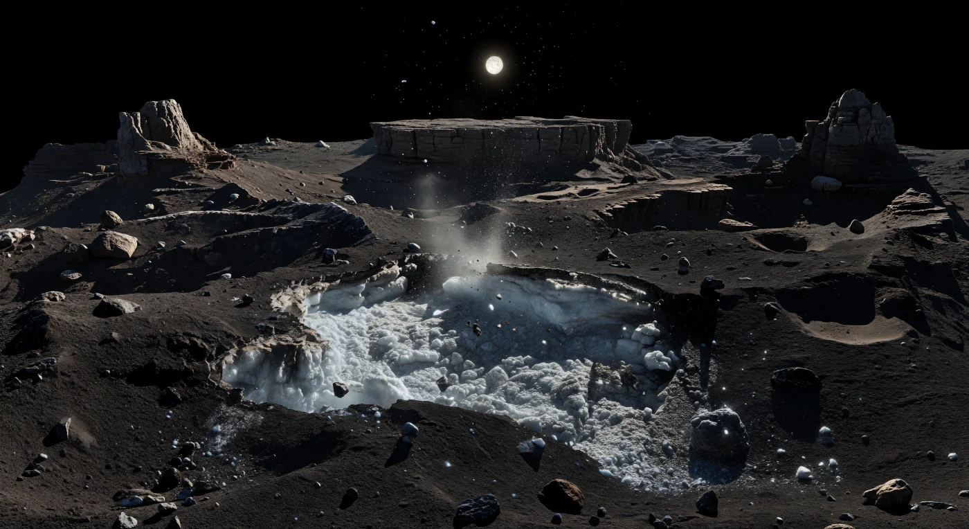 Au ras du sol, on contemple une croûte cométaire presque plus noire que du charbon, cassante et riche en poussières organiques, brusquement éventrée par un effondrement récent qui a mis à nu une plaque irrégulière de glace granuleuse, bleu blanchâtre à gris pâle, mêlée de poussière sombre. Autour de cette cicatrice fraîche s’élèvent des falaises abruptes, des terrasses stratifiées, des surplombs, des pitons acérés et une mesa tabulaire, reliefs spectaculaires rendus possibles par une gravité infime sur un noyau très poreux d’à peine quelques kilomètres. Sous un Soleil dur dans un ciel d’un noir absolu, les ombres sont tranchantes et l’on distingue de fines aigrettes de gaz et de poussière s’échapper de l’exposition glacée, tandis que de minuscules grains montent lentement en arcs balistiques avant de se perdre dans le vide. Cette scène saisit un matériau primordial du Système solaire en train de se transformer : une surface sombre à très faible albédo, façonnée par l’effondrement, la sublimation et l’activité solaire, dans une immensité silencieuse et étrangère.