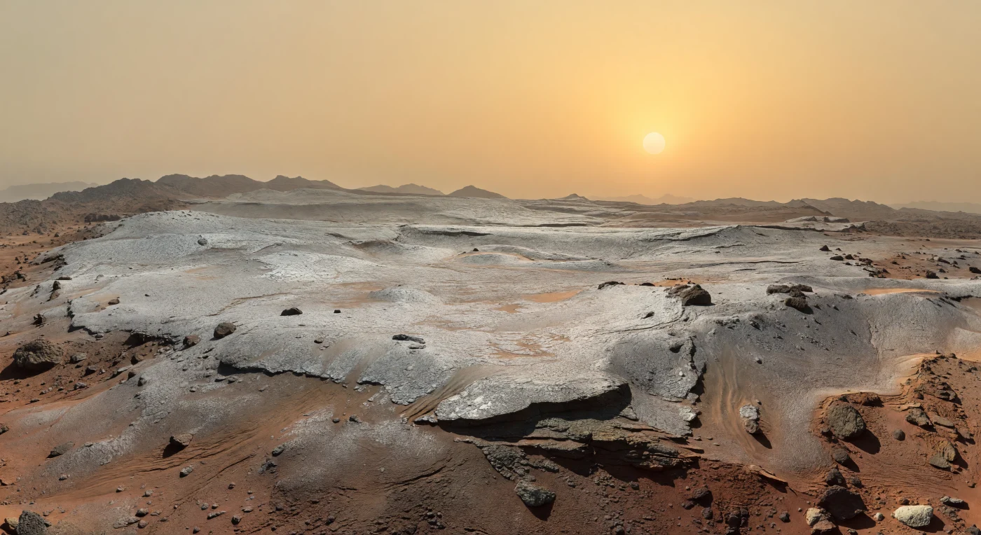 Devant vous s’étend un haut plateau noyé dans une lumière jaune rouille, où le sol prend un éclat argenté presque irréel, comme si une neige métallique avait poudré la roche. Cette croûte claire, brillante au radar, est interprétée comme un dépôt de minéraux condensés à plus haute altitude — peut-être des composés de fer ou d’autres minéraux stables dans des conditions légèrement plus fraîches — formant une pellicule cristalline sur la surface, tandis qu’en contrebas la roche basaltique, plus sombre et plus chaude, réapparaît brutalement de l’autre côté d’une nette ligne de transition. Sous un ciel uniformément gris-jaune, filtré par une atmosphère dense de dioxyde de carbone chargée de brumes corrosives, les reliefs lointains se dissolvent dans la haze et l’horizon semble avalé par la chaleur. Tout paraît immense, étouffant et silencieux, un paysage façonné par la chimie autant que par le volcanisme, où la beauté froide des dépôts minéraux contraste avec la violence des températures écrasantes et de la pression colossale.