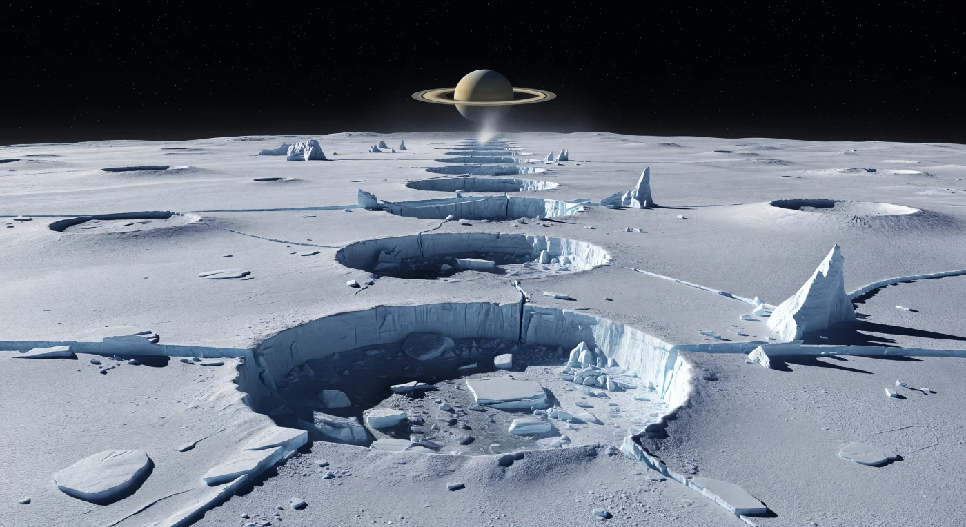 눈앞의 얼음 평원에는 원형에서 타원형까지 다양한 함몰 구덩이들이 한 줄로 이어지며 sharply curved horizon 쪽으로 멀어지고, 각 구덩이 가장자리는 갓 드러난 듯한 눈부신 물얼음 서리로 둘러싸인 채 깊은 청흑색 그림자 속으로 급히 꺼져 내린다. 내부에는 각진 얼음 블록과 각력질 잔해, 부서진 슬래브, 단단히 압축된 얼음 벽이 드러나고, 일부 구덩이 사이에는 금방이라도 끊어질 듯한 좁은 얼음 능선과 다리가 남아 있어, 이 지형이 지각이 잡아당겨지며 무너져 형성된 연속 붕괴 구조임을 보여 준다. 주변에는 평행한 신장성 균열, 낮은 단층 벼랑, 뒤엉킨 빙하성 판 조각, 서리로 무뎌진 오래된 충돌구와 완만한 능선대가 펼쳐지고, 거의 전부가 암석이 아닌 깨끗한 물얼음으로 이루어져 차갑고 단단한 광택을 낸다. 대기가 거의 없어 하늘은 검고 별빛이 그대로 박혀 있으며, 낮게 걸린 거대한 고리 행성과 멀리 솟는 희미한 얼음 기둥이 이 세계가 조석 가열에 의해 지금도 살아 움직이는 극지의 빙권 위에 서 있음을, 그리고 작은 천체 특유의 낮은 중력이 이 날카로운 얼음 첨탑과 부서진 절벽을 믿기 어려울 만큼 오래 보존하고 있음을 실감하게 한다.