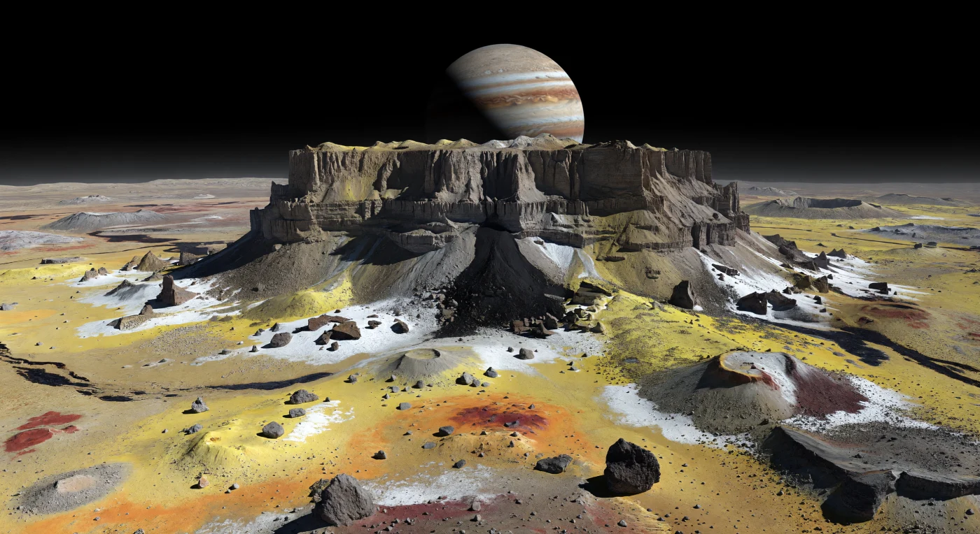 Devant vous, un massif tectonique isolé surgit de la plaine volcanique sur plus de dix kilomètres de hauteur, une muraille de roche silicatée gris-brun aux falaises presque verticales, crêtes acérées, terrasses d’effondrement et couloirs d’avalanches noircis qui paraissent démesurés sous la faible gravité. À sa base, des champs d’éboulis et de blocs donnent l’échelle, tandis que la surface alentour forme une mosaïque sèche de poussières sulfureuses jaunes et orange, de givre blanc de dioxyde de soufre piégé dans les zones froides et les creux ombragés, et de taches sombres laissées par des dépôts pyroclastiques et d’anciennes coulées lointaines. Ici, ni eau liquide, ni rivières, ni glaciers : le relief est façonné par le soulèvement tectonique, les glissements de terrain et un resurfaçage volcanique incessant alimenté par un échauffement de marée extrême. Sous un ciel presque noir, à peine voilé d’une brume rase locale, le Soleil plus petit projette une lumière rasante et impitoyable qui fait flamboyer les dépôts de soufre, blanchir le givre, et plonge des pans entiers de la montagne dans une obscurité noire absolue, tandis que l’énorme disque bandé de la géante voisine domine silencieusement l’horizon.