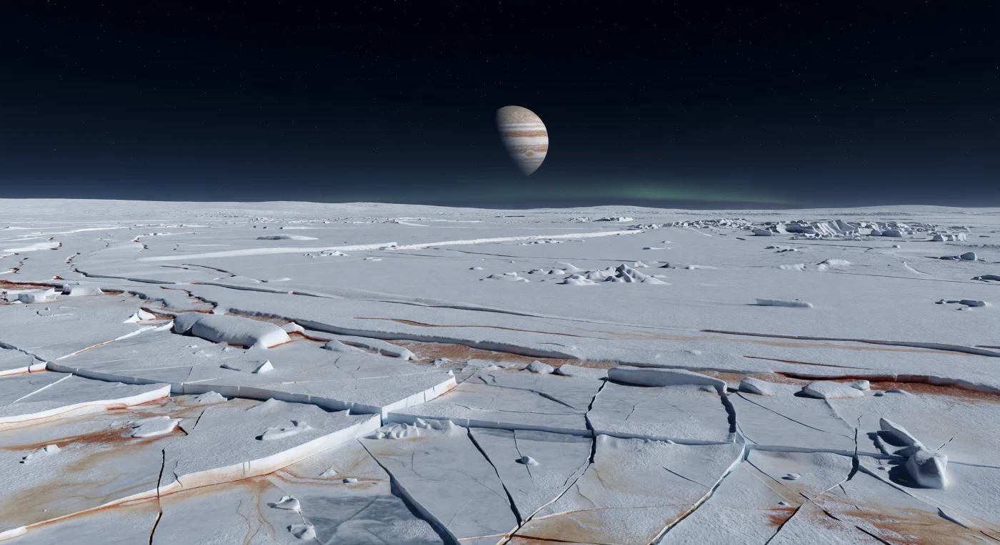 Sous un ciel noir saturé d’étoiles, une immense plaine de glace fracturée s’étend jusqu’à un horizon doucement courbé, où de grands radeaux de croûte gelée, des doubles crêtes basses, des sillons figés et de fines lineae sombres découpent une surface bleu-blanc et ivoire marquée par des traînées brun-roux de sels irradiés et de composés soufrés. Ici, il n’existe ni air véritable, ni nuages, ni eau liquide en surface : seule une croûte de glace d’eau dure, travaillée par les contraintes de marée, trahit l’existence d’un océan salé caché en profondeur et d’un monde encore géologiquement actif. Tout près du limbe, l’astre géant suspend son disque crème et brun au ras de l’horizon, tandis qu’une lueur aurorale d’oxygène, d’un bleu-vert à peine perceptible, flotte comme un voile très mince dans l’exosphère ténue, bien trop faible pour éclairer le sol. Dans cette faible clarté de lumière stellaire et de reflet jovien, les facettes glacées accrochent seulement quelques éclats froids, et l’on ressent toute la solitude, l’échelle démesurée et l’étrangeté silencieuse d’un désert gelé baigné de radiation.