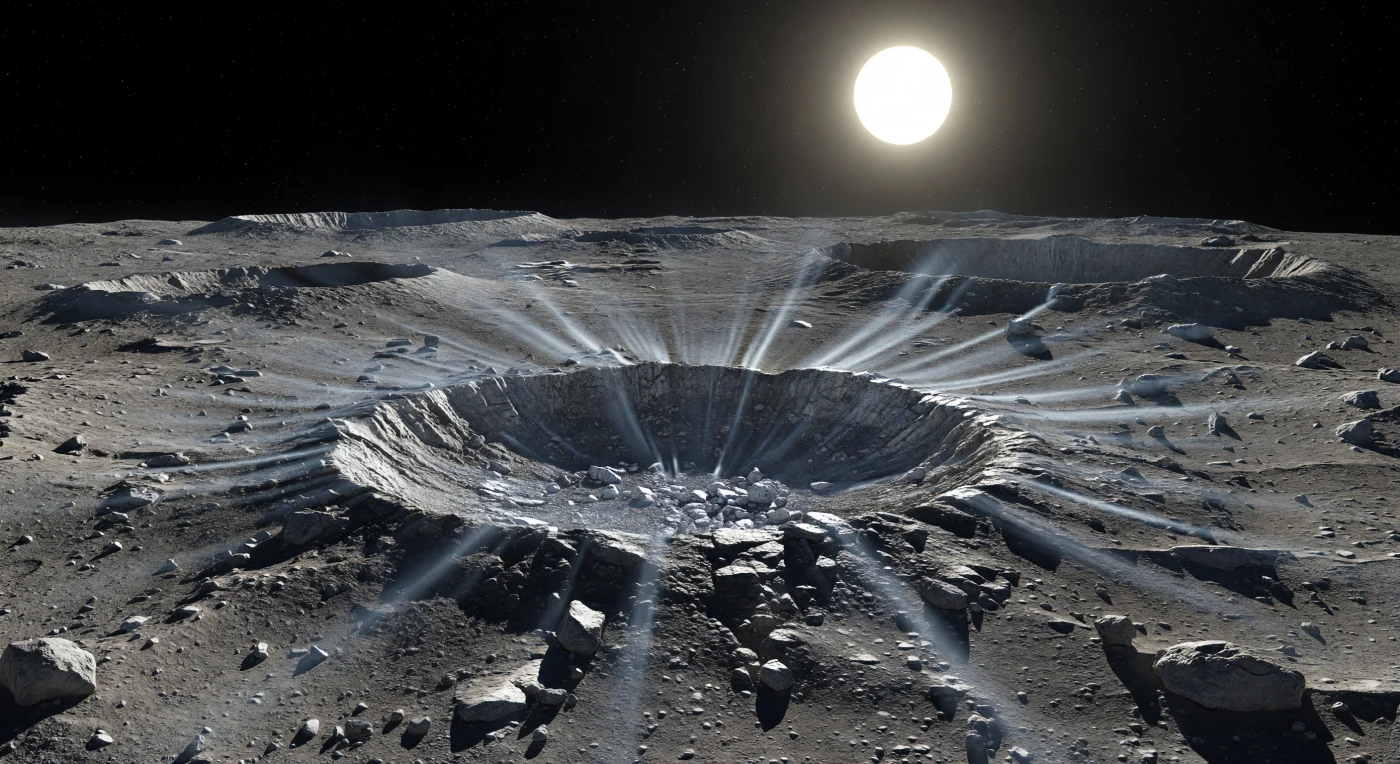 आपके सामने एक तीखा, लगभग पूर्ण वृत्ताकार प्रभाव-कुंड का किनारा खुलता है, जिसकी सीढ़ीनुमा भीतें, धँसे हुए कोणीय शैल-खंड और मोटे उच्छिन्न बोल्डरों के खेत उस हाल की प्रचंड टक्कर की शक्ति का प्रमाण देते हैं। इस निर्जल, वायुरहित सतह पर ताज़ा निकला हल्का धूसर से नीला-धूसर इजेक्टा गहरे, अंतरिक्ष-अपक्षयित धूसर-भूरे रेगोलिथ पर सैकड़ों किलोमीटर तक तीलियों की तरह फैलता है, मानो किसी विशाल पहिए की रेखाएँ क्षितिज तक खिंच गई हों; यह उजला पदार्थ अपेक्षाकृत नया है, इसलिए पुरानी, गहरी सतह की तुलना में अधिक परावर्तक दिखता है। चारों ओर महीन धूल, प्रभाव-ब्रेचिया, टूटी शैल-पट्टियाँ, द्वितीयक क्रेटर-श्रृंखलाएँ और दूर धुँधले नहीं बल्कि चाकू-सी धार वाले निम्न क्रेटरीय उच्चप्रदेश तथा प्राचीन ज्वालामुखीय मैदान दिखाई देते हैं, क्योंकि यहाँ लगभग कोई वायुमंडल नहीं है जो दृश्य को नरम कर सके। ऊपर आकाश स्याह काला है और सूर्य एक असाधारण रूप से बड़ा, दहकता श्वेत चक्र बनकर इतनी कठोर रोशनी बरसाता है कि हर बोल्डर के नीचे स्याही-सी काली छाया कट जाती है—और इसी निर्मम प्रकाश में यह परिदृश्य एक साथ वीरान, ज्यामितीय और विस्मयकारी रूप से भव्य लगता है।