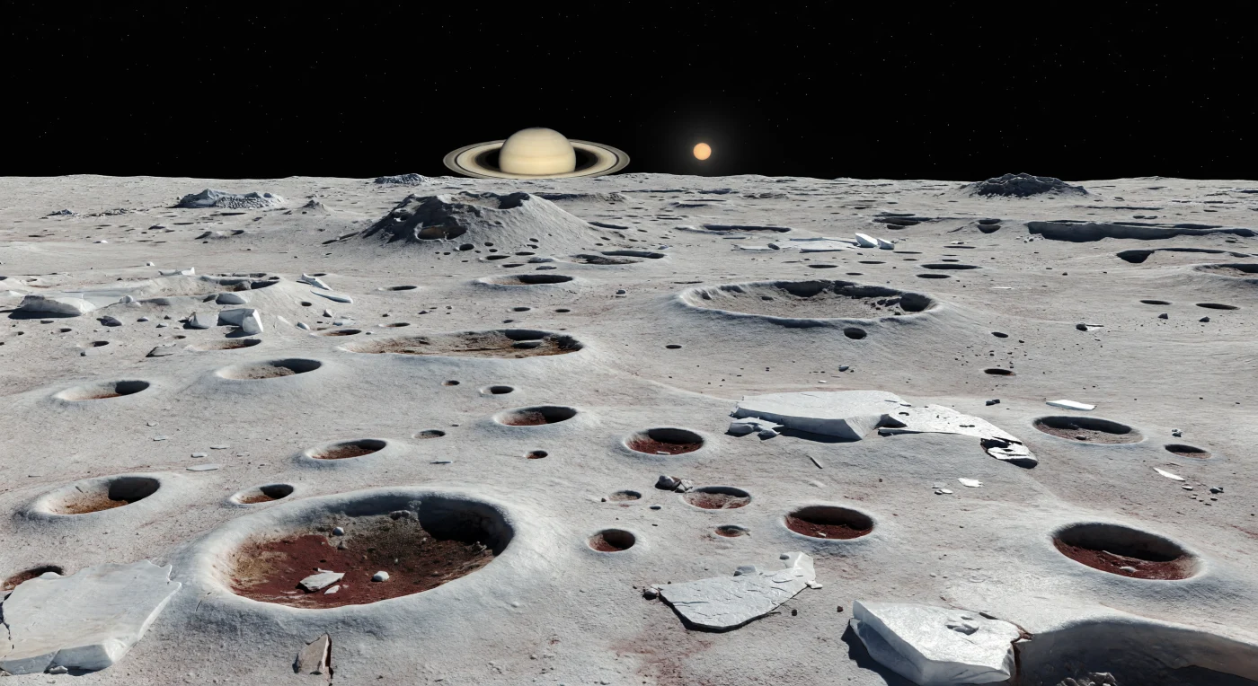 Depuis une haute plaine doucement vallonnée, le sol clair ressemble à une éponge gelée géante : un régolithe de glace d’eau très poreux, gris pâle à blanc cassé, semé de cuvettes peu profondes aux bords nets, dont les centres sombres sont tachés de poussières organiques brun rougeâtre. La ligne d’horizon, étonnamment proche et légèrement courbe, trahit la petitesse du monde et sa gravité infime, tandis que des blocs de glace anguleux, une croûte fragile fracturée et un givre granuleux dans les ombres conservent une netteté extrême sous le vide, sans air, sans nuages et sans aucune érosion fluide. Au ras de cet horizon, Saturne flotte immense dans un ciel noir d’encre, ses anneaux brillants inclinés au-dessus des plaines criblées de cratères, et tout près de lui Titan se distingue comme un disque orangé voilé. Ici, la lumière d’un Soleil lointain, réduit à un point éclatant, projette des ombres dures et glacées qui accentuent chaque dépression et renforcent l’impression d’être debout sur un fragment de glace ancien, silencieux et étrangement suspendu dans l’espace.