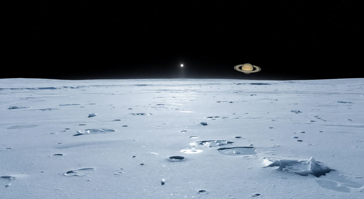 눈앞에는 푸른 기가 도는 눈부신 물얼음 서리가 끝없이 펼쳐져 있고, 지평선은 믿기 어려울 만큼 가까이 굽어 있어 이 세계의 작은 크기를 실감하게 합니다. 막 다시 포장된 듯한 이 평원은 거의 무결해 보이지만, 자세히 보면 낮은 둔덕과 잔물결 같은 미세한 굴곡, 또렷한 테를 지닌 얕은 미소 충돌구, 그리고 곳곳의 단단하고 반투명한 얼음 노출면이 초저온 진공 환경 속 표면의 젊음과 보존 상태를 말해 줍니다. 태양은 아주 작고 멀리 떨어진 밝은 원반으로 차갑고 방향성 강한 빛을 비추며, 고알베도 서리는 이를 강하게 반사해 새하얀 섬광과 검은 그림자를 극적으로 갈라 놓고, 공기 없는 검은 하늘에는 낮에도 희미한 별들이 남아 있습니다. 멀리서는 침식되지 않은 낮은 융기와 균열 경계 지형이 곡률 너머로 뜻밖에 솟아오르고, 남극 쪽을 향하면 극도로 희박한 얼음 입자 안개나 먼 플룸의 베일이 유령처럼 서 있어, 조석 가열과 저온 화산활동이 지금도 이 얼음 껍질 아래를 살아 있게 만든다는 사실을 조용히 암시합니다.