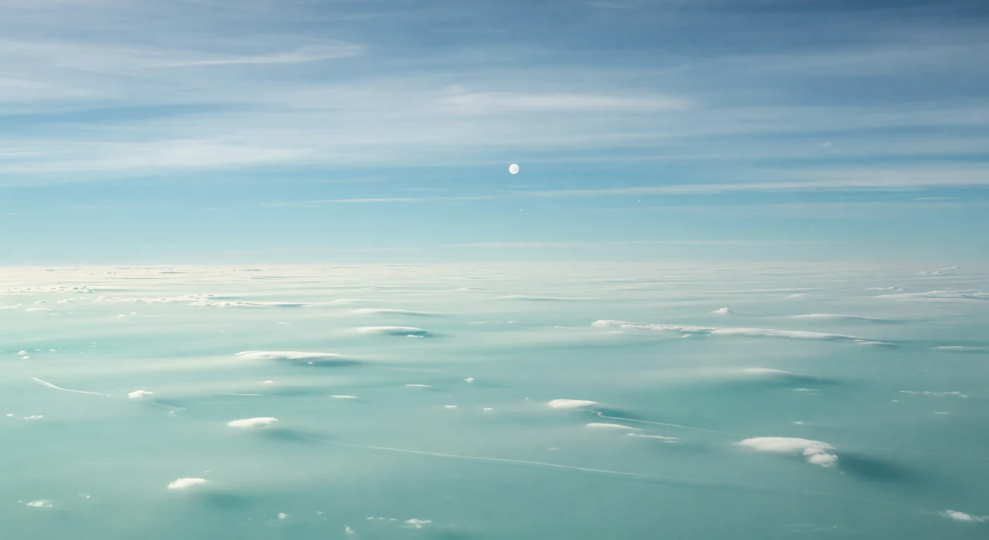 À perte de vue s’étend une plaine de nuages lisses, faite de glace de méthane condensée, comme un océan de brume gelée aux teintes d’aigue-marine, de cyan pâle et de blanc nacré, sans la moindre terre ferme sous l’horizon diffus. Dans cette région de la haute troposphère, vers les niveaux de pression d’environ 1 à quelques bars, il n’existe aucun sol accessible : seulement une atmosphère stratifiée, froide, immense, où de faibles ondulations, quelques voilements plus brillants et un bandement zonal à peine perceptible trahissent la dynamique des vents. La lumière solaire, réduite à un minuscule disque blafard à cette grande distance, arrive froide et atténuée par la brume de méthane, étalant sur les sommets nuageux des reflets satinés presque sans ombres. Devant vous, l’horizon se dissout lentement dans une lueur bleuâtre, et l’absence totale de relief solide donne à ce paysage une grandeur vertigineuse, aussi calme qu’absolument étranger.