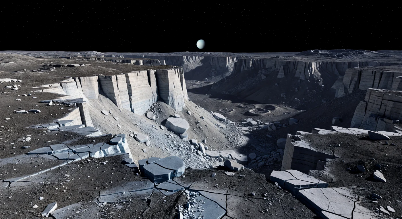 Au bord de Messina Chasma, le sol sombre de glace d’eau mêlée de matériaux rocheux et carbonés se brise en dalles anguleuses, en fissures polygonales et en blocs éboulés givrés, puis cède net à une immense falaise de faille, pâle et presque blanche, dont les gradins tectoniques plongent dans une gorge si vaste que son fond disparaît dans l’ombre noire. La paroi expose un substrat plus riche en glace d’eau, strié de bandes subtiles, avec des talus d’éboulis et d’énormes blocs d’effondrement qui paraissent pourtant minuscules à l’échelle du canyon, tandis que les remparts opposés, criblés d’anciens cratères, s’estompent au loin dans un relief figé par une extension de la croûte. Ici, l’absence totale d’atmosphère rend chaque arête d’une netteté tranchante sous un Soleil minuscule et froid, dont la lumière blanche et faible projette des ombres d’une dureté extrême sur ce paysage de vide, de glace et de fracture. Bas sur l’horizon, presque immobile, un disque cyan pâle gigantesque domine le ciel noir sans l’éclairer vraiment, accentuant l’étrangeté silencieuse de cette lune ancienne, où la faible gravité laisse les escarpements paraître incroyablement abrupts et démesurés.