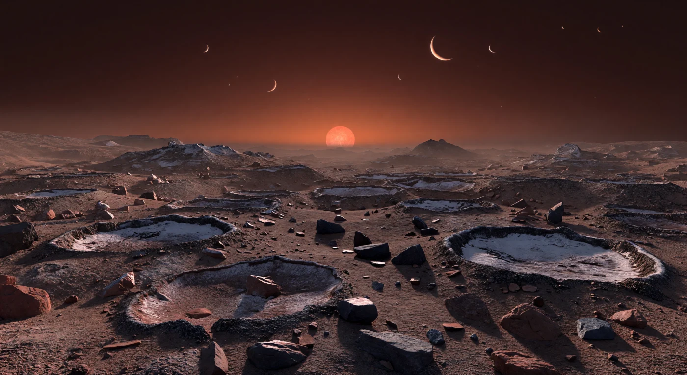 Devant vous s’étendent de vieux hauts plateaux labourés par les impacts, un enchevêtrement de cratères aux rebords émoussés, de blocs de brèche anguleux, de socle silicaté fracturé et de rochers basaltiques sombres, le tout nappé d’un régolithe poussiéreux qui glisse en talus jusque dans les dépressions. Dans les alcôves perpétuellement à l’ombre, de ternes plaques de givre blanchâtre à bleu gris subsistent le long des parois internes, signe qu’une atmosphère mince et un froid durable permettent à des volatils de se piéger sans jamais former de neige éclatante ni d’eau liquide en surface. La lumière rouge-orangé d’une petite étoile ultrafroide, suspendue très bas près de l’horizon, écrase les reliefs sous des ombres douces tandis que le ciel passe du cuivre brûlé au ras du sol à un marron si sombre qu’il devient presque noir au zénith, où quelques mondes voisins apparaissent comme de grands disques ou croissants lumineux. Tout ici évoque une surface ancienne, tectoniquement calme et brisée par des milliards d’années d’impacts, un paysage minéral immense, figé dans une pénombre poussiéreuse qui donne l’impression de se tenir au bord du temps lui-même.