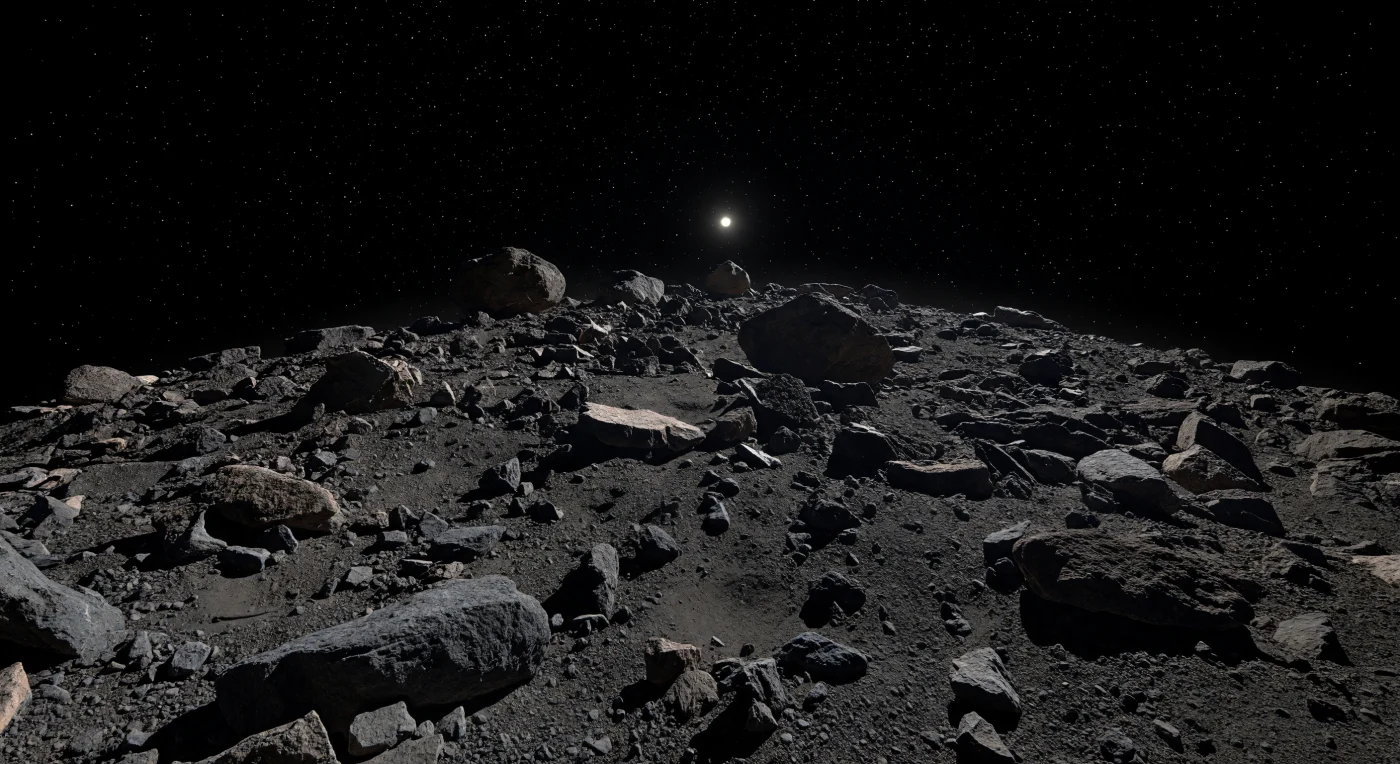À ras du sol, on se trouve au milieu d’un chaos de blocs anguleux noir charbon et gris ardoise, de graviers grossiers et de petites poches de régolithe sombre qui dévalent une pente polaire vers un terrain plus bas, tandis que d’énormes rochers perchés en amont semblent presque flotter tant la microgravité les retient à peine. Ici, le paysage n’a rien d’un monde massif : le relief ne s’élève que de quelques dizaines de mètres, la ligne d’horizon se courbe tout près puis disparaît brusquement, et chaque affleurement rugueux, chaque petite dépression d’impact et chaque tablier d’éboulis reste d’une netteté implacable dans le vide sans atmosphère. Cette surface très sombre et mate, riche en matériaux carbonés primitifs, témoigne d’un astéroïde poreux en amas de débris, où les roches fracturées, les clastes brisés et la poussière piégée entre les blocs n’ont été façonnés ni par l’eau ni par le vent, mais par les collisions et l’altération du vide spatial. Sous un Soleil réduit à un disque blanc éblouissant, les ombres tombent en lames noires parfaitement tranchées, et le ciel, d’un noir absolu semé d’étoiles fixes, donne à cette pente d’éboulis l’allure saisissante d’un rivage minuscule suspendu au bord du vide.