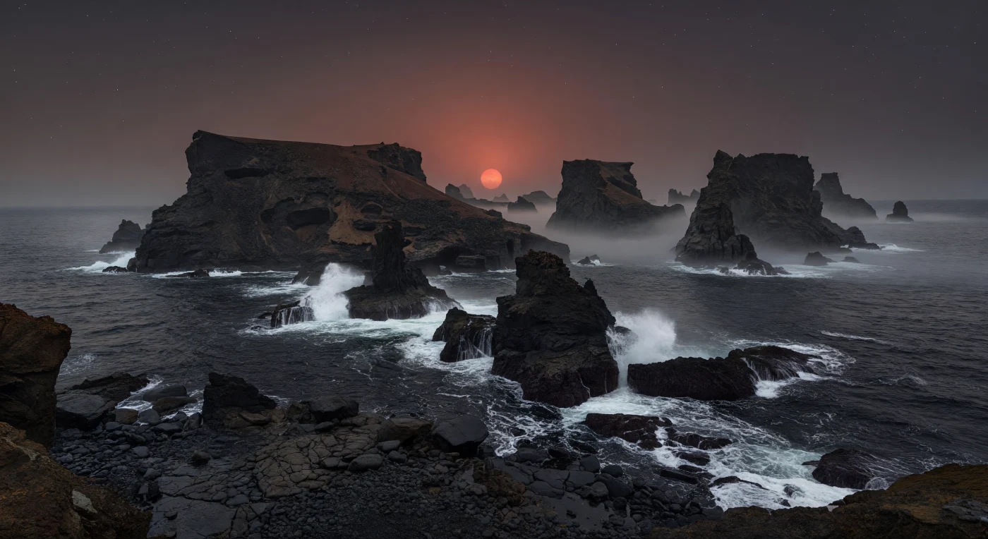 Sous vos pieds, le littoral est un chaos de basalte noir luisant, de laves en coussins fracturées, de galets volcaniques vitreux et de blocs polis par la marée, tandis qu’au-delà des chenaux sombres se dressent des piles marines et des îles volcaniques massives, taillées dans le basalte et la scorie, avec falaises d’abrasion, éboulis et anciennes cheminées ou tubes de lave effondrés mis à nu par l’érosion. La mer, presque couleur d’encre, est fouettée par le vent en vagues courtes et raides; son ressac blanc explose contre les parois noires et suspend dans l’air une brume saline gris ardoise qui serpente entre les reliefs avant de les engloutir dans la distance. Très bas sur l’horizon, l’étoile rouge naine apparaît comme un disque rouge-orangé large mais faible, projetant une lumière cuivrée oblique typique d’un monde vraisemblablement verrouillé par les marées, où le rivage demeure dans un crépuscule permanent entre l’hémisphère du jour et celui de la nuit. Vers la source de lumière, le ciel rougeoie d’orange enfumé à travers la brume, puis bascule en violet gris et enfin en noir piqué d’étoiles, accentuant l’immensité austère de ces stacks hauts de centaines de mètres et la sensation d’être au bord d’une frontière planétaire figée entre deux mondes.