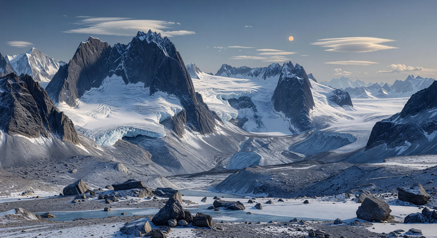 Depuis le sol, le paysage s’ouvre sur d’immenses vallées glaciaires en auge, encadrées par des montagnes larges et massives de roche sombre — ardoise, schistes fracturés et matériaux métamorphiques gris basaltiques — dont les parois portent de lourds champs de neige, des crevasses bleu pâle et des glaciers suspendus accrochés aux cirques. La gravité un peu plus forte que sur Terre se lit dans cette géomorphologie compacte et puissamment charpentée : crêtes épaisses, versants chargés d’éboulis d’avalanche, moraines latérales anciennes, dalles polies par l’abrasion et blocs éclatés par le gel. Sous la petite étoile orange, visible comme un disque chaud à travers une brume froide bleu-gris et des nuages lenticulaires étirés par les vents d’altitude, la lumière crème et dorée adoucit les contrastes, tandis que les ombres acier s’accumulent au fond des crevasses et sous les surplombs. Tout paraît silencieux, minéral et colossal, avec des bassins glaciaires qui s’effacent dans la brume et des chaînes superposées jusqu’à l’horizon, comme si l’on se tenait au cœur d’un monde alpin plus dense, plus lourd et pourtant étrangement familier.