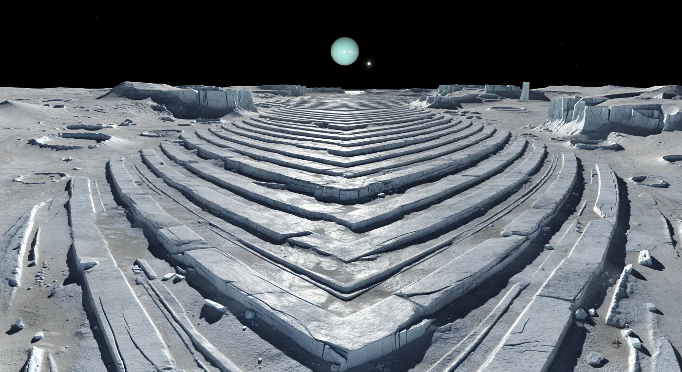 Depuis les plaines en chevrons d’Inverness, le sol de glace d’eau ancienne paraît brisé comme une immense mosaïque tectonique, où de vastes bandes en V alternent crêtes argentées éclatantes et sillons gris ardoise, soulignés par des escarpements nets, des fissures d’extension et des blocs anguleux épars. Cette géométrie spectaculaire appartient à une corona, une région profondément déformée où l’écorce glacée, rigide et cassante, a été étirée, fracturée et remodelée à grande échelle, recouvrant par endroits des plaines cratérisées plus anciennes dont les reliefs émoussés affleurent encore. Sous une lumière solaire très basse, minuscule et lointaine, chaque arête projette des ombres noires d’une dureté absolue dans le vide sans atmosphère, tandis que des poussières plus sombres piégées dans les creux accentuent le contraste avec les surfaces de glace propre aux reflets bleu-blanc. Au-dessus de cet horizon d’une netteté irréelle, où la faible gravité permet à des falaises de paraître démesurément abruptes, un vaste disque cyan-vert domine le ciel noir et silencieux, donnant à ce paysage glacé l’échelle vertigineuse et l’étrangeté d’un monde tectoniquement bouleversé.