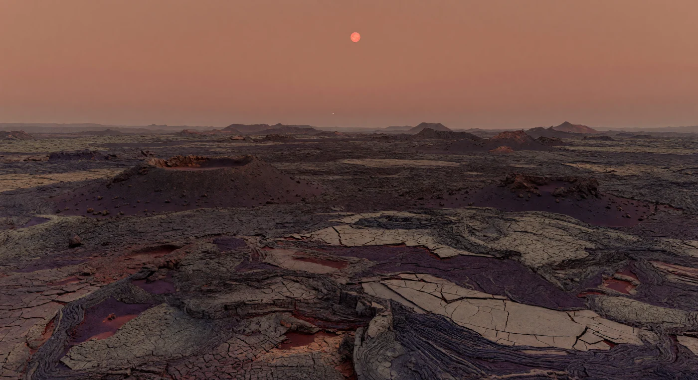 À hauteur du sol, une plaine volcanique immense de basalte noir charbonné s’étend jusqu’à un horizon noyé dans une brume rougeâtre, sa surface découpée en réseaux de fractures polygonales, en blocs anguleux et en rides de lave sombre aux reflets violets. De larges évents-boucliers très bas et des dômes volcaniques à peine bombés rompent la monotonie du relief, témoignant d’éruptions effusives de laves mafiques denses, refroidies en cordons, plaques disloquées et bords clinker, puis lentement travaillées par le stress thermique, l’irradiation stellaire et de rares poussières ferrugineuses piégées dans les fissures. Haut dans un ciel pêche brunâtre, l’étoile rouge demeure presque immobile, son disque légèrement plus grand que celui du Soleil vu depuis la Terre diffusant une lumière rouge-orangée faible, riche en proche infrarouge, qui pose sur la roche des ombres courtes et douces. L’ensemble paraît silencieux, sec et colossal, comme un monde jeune par son volcanisme mais déjà desséché, sans eau visible ni végétation, où chaque détail du basalte raconte une planète rocheuse probablement soumise à une rotation verrouillée et à l’influence rude d’une étoile naine active.
