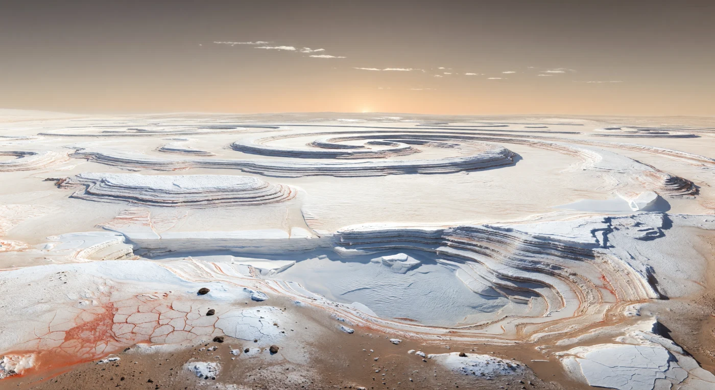 Sous un Soleil polaire bas et lointain, une immense plaine de glace d’eau blanche à bleu-blanc s’étend jusqu’à l’horizon, entaillée par de larges fossés spiralés et des escarpements en gradins dont les parois nettes révèlent des couches successives de glace piégeant de fines bandes de poussière beige à rouille. Au premier plan, la surface gelée est sculptée en polygones par le froid et le vent, semée de poussière rouge-orangé, de régolithe durci par le givre et de quelques galets basaltiques presque noirs, tandis que les fonds des dépressions plongent doucement dans des ombres bleutées d’une froideur saisissante. Ces formes témoignent de cycles climatiques martiens répétés, où l’accumulation de glace, le dépôt de poussières et l’érosion éolienne ont lentement construit puis creusé les dépôts polaires stratifiés, sans eau liquide en surface, dans une atmosphère extrêmement ténue, sèche et glaciale. Au-dessus, le ciel passe du butterscotch pâle près de l’horizon à un brun gris plus sombre en altitude, traversé de très rares nuages de glace d’eau, et la lumière rasante donne à ce désert gelé une clarté implacable, si vaste et silencieuse qu’on a l’impression de se tenir au bord d’une architecture climatique façonnée à l’échelle d’une planète.