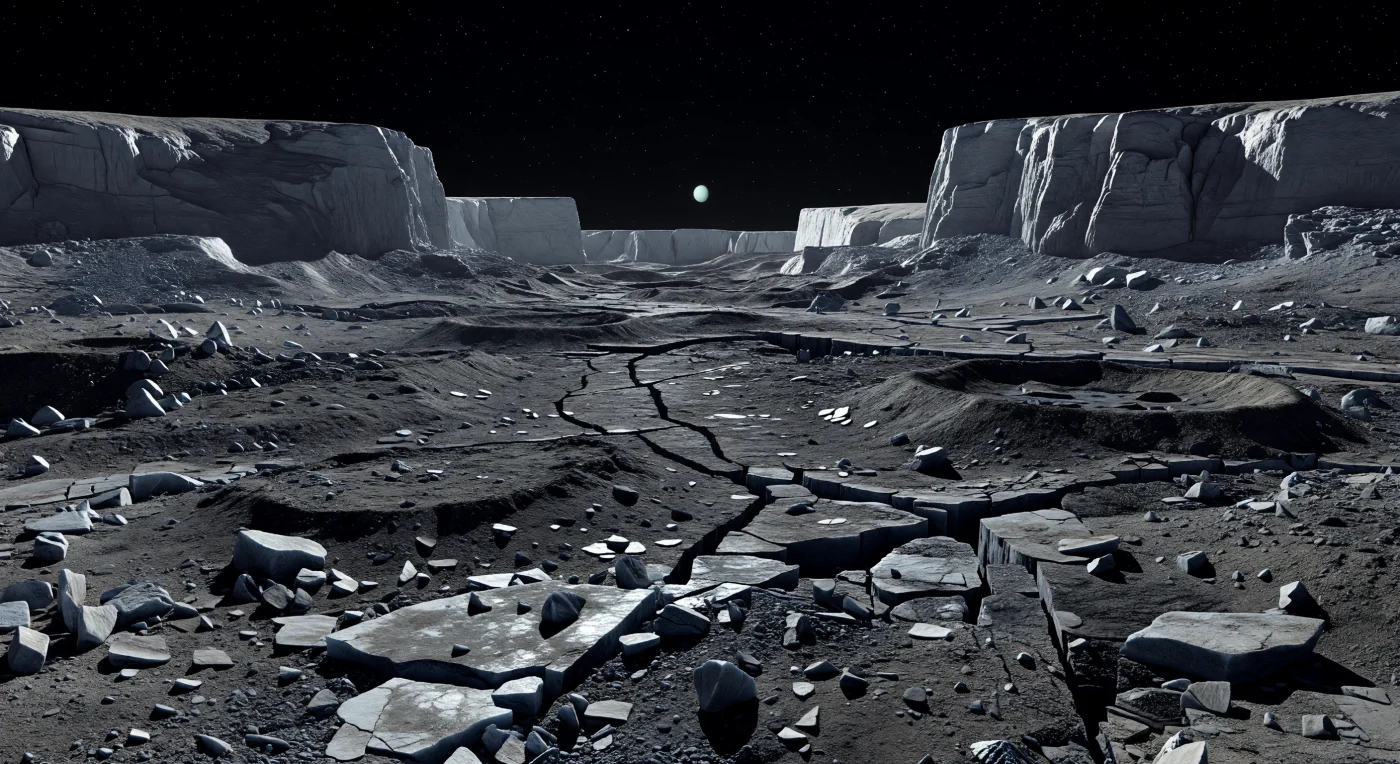 Depuis le fond de ce grand rift, le sol apparaît comme un chaos figé de blocs d’effondrement bosselés, de dalles de glace d’eau brisées et de fractures parallèles qui s’étirent dans une régolithe gris moyen à gris anthracite, mêlée de matériaux rocheux sombres riches en carbone. Autour, d’immenses escarpements plus clairs, riches en glace fraîchement exposée, s’élèvent à pic sur des centaines de mètres à plus d’un kilomètre, tandis que la faible gravité permet à ces parois déchiquetées de dominer l’horizon avec une présence presque irréelle. En l’absence presque totale d’atmosphère, le ciel reste d’un noir pur, parfois piqué d’étoiles et d’un disque lointain cyan pâle, et le Soleil, minuscule mais intense, projette une lumière blanche et dure qui découpe des ombres noires d’une netteté extrême sur les failles, les talus anguleux et les vieux reliefs de cratères partiellement déchirés par l’extension tectonique. Rien n’est adouci ici : ni brume, ni poussière mobile, ni érosion liquide, seulement la trace brute d’une croûte glacée et rocheuse rompue par l’expansion interne d’un monde ancien.
