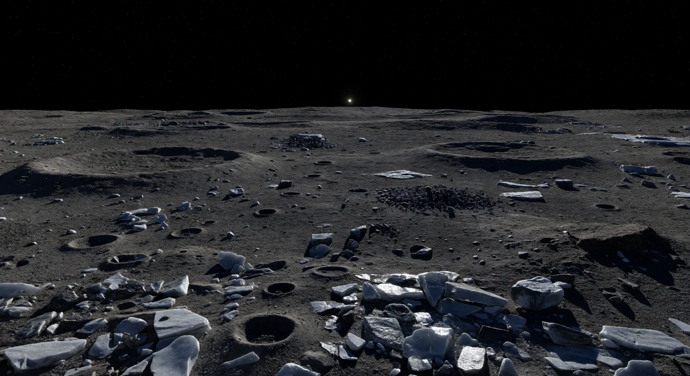 Sous un ciel noir piqué d’étoiles, la plaine s’étend comme une friche gelée et muette, couverte d’un régolithe sombre criblé d’innombrables petits cratères, de blocs anguleux brisés par les impacts et de rares affleurements de glace fracturée qui accrochent une lueur blafarde. Ici, en l’absence totale d’atmosphère, aucune brume ne diffuse la lumière : le minuscule Soleil, très bas sur l’horizon, éclaire à peine ce mélange de glace d’eau, de débris silicatés et de matériaux carbonés noircis par l’irradiation, laissant des ombres d’une netteté presque irréelle dans chaque cuvette et derrière chaque roche. Plus loin, les rebords des cratères anciens se sont adoucis en faibles anneaux et dépressions peu profondes, tandis que la courbure subtile de l’horizon trahit la petitesse de ce monde et sa gravité dérisoire. Tout semble figé depuis des éons : une étendue monochrome, sèche, glaciale et exposée au vide, où le silence et la lumière crépusculaire donnent au paysage une austérité profondément étrangère.