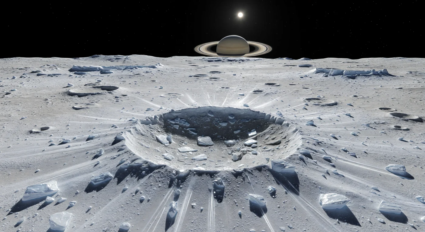 Devant vous, un petit cratère d’impact tout juste creusé tranche nettement dans une plaine glacée beaucoup plus ancienne : son rebord surélevé, vif et dentelé, est formé de roche-mère de glace d’eau fracturée et de régolithe compacté, avec de petits éboulements figés par une gravité infime. Autour, une couverture d’éjectas d’un blanc éclatant se déploie en fins rayons sur la surface, semée de blocs de glace fraîchement exhumés, bleu-blanc et lustrés, tandis que l’intérieur du cratère apparaît comme une cuvette sombre où les parois plus raides, les talus de dalles brisées et les débris regelés témoignent d’un impact récent dans une croûte glacée rigide. Sous un ciel parfaitement noir, sans air pour adoucir la lumière, le Soleil projette des ombres noires d’une précision implacable et fait scintiller la glace propre avec une intensité presque crue, révélant au loin des cratères adoucis, des rides bosselées et des fractures tectoniques gravées dans l’ancienne coquille glacée. À cette échelle, les blocs épars du premier plan, la longue traînée des éjectas et la douce courbure de l’horizon rappellent que vous vous tenez sur un petit monde gelé, silencieux et extraordinairement lumineux.