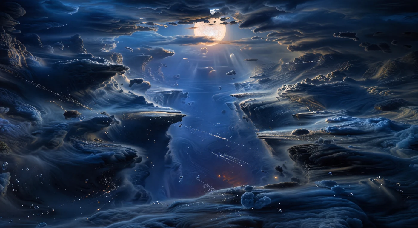 Ici, il n’y a aucun sol, seulement un gouffre atmosphérique où d’immenses parois de nuages bleu marine, cobalt, indigo et charbon se dressent comme des falaises, entaillées de corniches de brume, d’arches turbulentes et d’abîmes opaques qui s’enfoncent dans une lueur thermique orangée. Une lumière faible, filtrée par l’épaisse atmosphère, descend d’en haut en rais bleu ambré depuis le vaste disque chaud de l’étoile, tandis que des particules de silicates en suspension scintillent dans les tourbillons et que des pluies de verre fondu, arrachées presque à l’horizontale par des vents supersoniques, tracent des filaments lumineux entre les “murs” de vapeur. Cette teinte bleue saisissante ne vient pas d’eau ni d’un paysage rocheux, mais de la diffusion de la lumière et de brumes riches en silicates au sein de l’enveloppe d’une géante gazeuse brûlante. Debout en imagination dans ce canyon sans surface, on ressent l’échelle démesurée de couches nuageuses grandes comme des chaînes de montagnes, sans autre horizon que la profondeur, la pression et le mouvement violent d’une atmosphère en perpétuelle tempête.