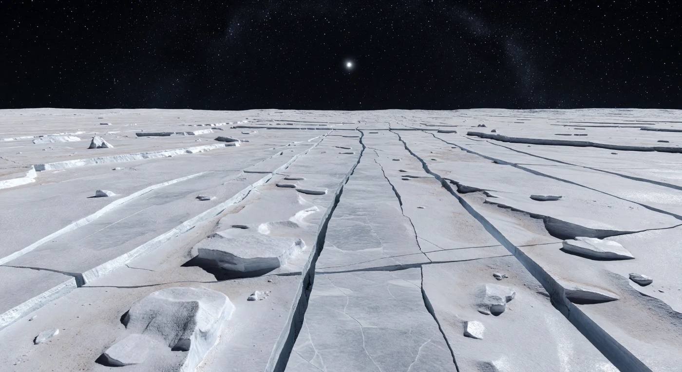 Devant vous s’étend une vaste plaine équatoriale d’une blancheur presque aveuglante, où des mantaux de givre d’azote et de méthane, lisses et légèrement translucides, sont tranchés par de longs grabens rectilignes et de fines fissures bleu-gris qui filent jusqu’à l’horizon resserré. Les failles soulèvent des crêtes glacées nettes, bordent des fossés effondrés encombrés de blocs anguleux, et laissent parfois émerger des rochers de glace d’eau plus dure, tandis que de discrètes poussières organiques brun rougeâtre s’accumulent dans les creux abrités. Ici, le paysage raconte une tectonique du froid extrême : dans ce monde minuscule, l’expansion, la contraction ou le lent déplacement des glaces volatiles ont fracturé une croûte figée depuis des milliards d’années, exposant par endroits une glace plus propre et plus dense aux nuances bleutées. Sous un ciel noir absolu, sans air pour adoucir la lumière, le Soleil n’est qu’un point incandescent qui projette des ombres d’une précision tranchante, donnant à cette ceinture de fractures une beauté silencieuse, immense et profondément étrangère.