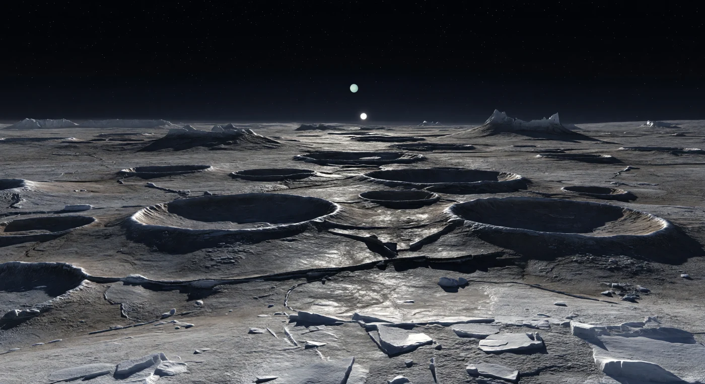Près du pôle, le Soleil rase à peine l’horizon et transforme le plateau cryogénique en un monde de contrastes extrêmes : des bordures de cratères gris argenté, des cassures de pente poudrées de givre et des blocs anguleux de régolithe glacé projettent des ombres bleu-noir longues de plusieurs kilomètres. Le sol, formé d’un socle ancien de glace d’eau mêlée à des matériaux sombres riches en carbone, porte la mémoire d’innombrables impacts superposés et de fractures tectoniques discrètes, vestiges d’une croûte qui s’est autrefois étirée sous l’effet d’une évolution interne. Ici, l’absence presque totale d’atmosphère rend chaque relief d’une netteté implacable : pas de brume, pas de crépuscule, seulement une lumière dure qui fait scintiller le givre sur les crêtes et plonge les dépressions dans une obscurité d’encre. Face à cette plaine figée, silencieuse et sans le moindre mouvement, on a l’impression de se tenir au bord d’un paysage fossilisé du Système solaire externe, immense, froid et d’une étrangeté absolue.