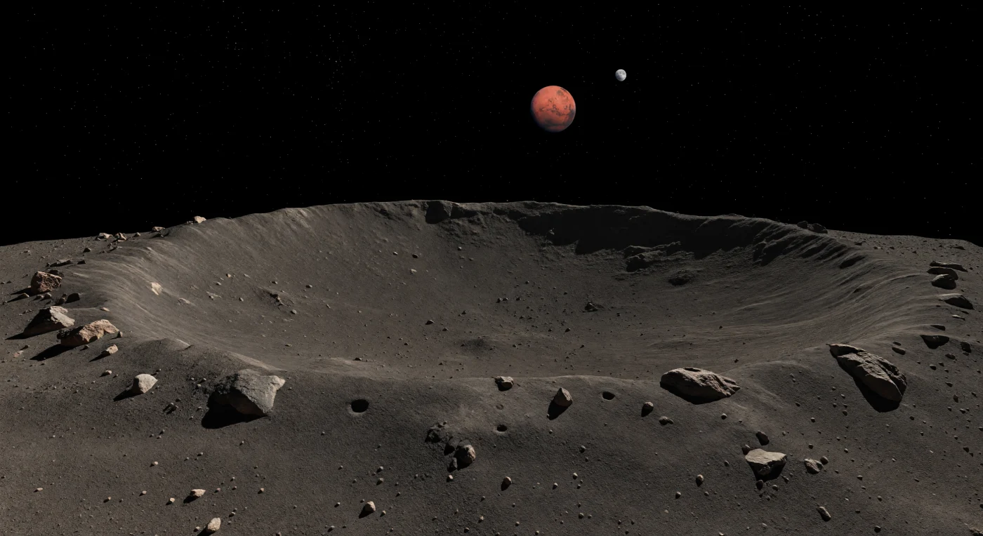 Depuis le rebord bas et arrondi du cratère Swift, le regard glisse sur une vaste cuvette d’impact peu profonde, large d’environ un kilomètre, où un régolithe fin et poudreux aux teintes taupe, brun gris et charbon étouffe presque tout relief brutal. Autour de vous, des blocs d’éjecta émoussés, des fragments rocheux partiellement enfouis et de petites cuvettes secondaires témoignent d’une surface sombre, probablement riche en matériaux carbonés, longuement remodelée non par l’eau ou le volcanisme, absents ici, mais par les impacts et le lent drapage de poussières sous une gravité infime. La lumière rasante d’un Soleil plus compact qu’à la Terre étire des ombres nettes qui révèlent chaque granule et chaque ondulation du bord du cratère, tandis que l’horizon se cambre très vite, rappelant que ce monde n’est qu’un petit corps irrégulier perdu dans le vide. Au-dessus de ce désert sans air, sous un ciel noir où les étoiles restent visibles, Mars se dresse immense sur le côté, disque roux dominant la scène et donnant à ce paysage silencieux une échelle saisissante et profondément étrangère.