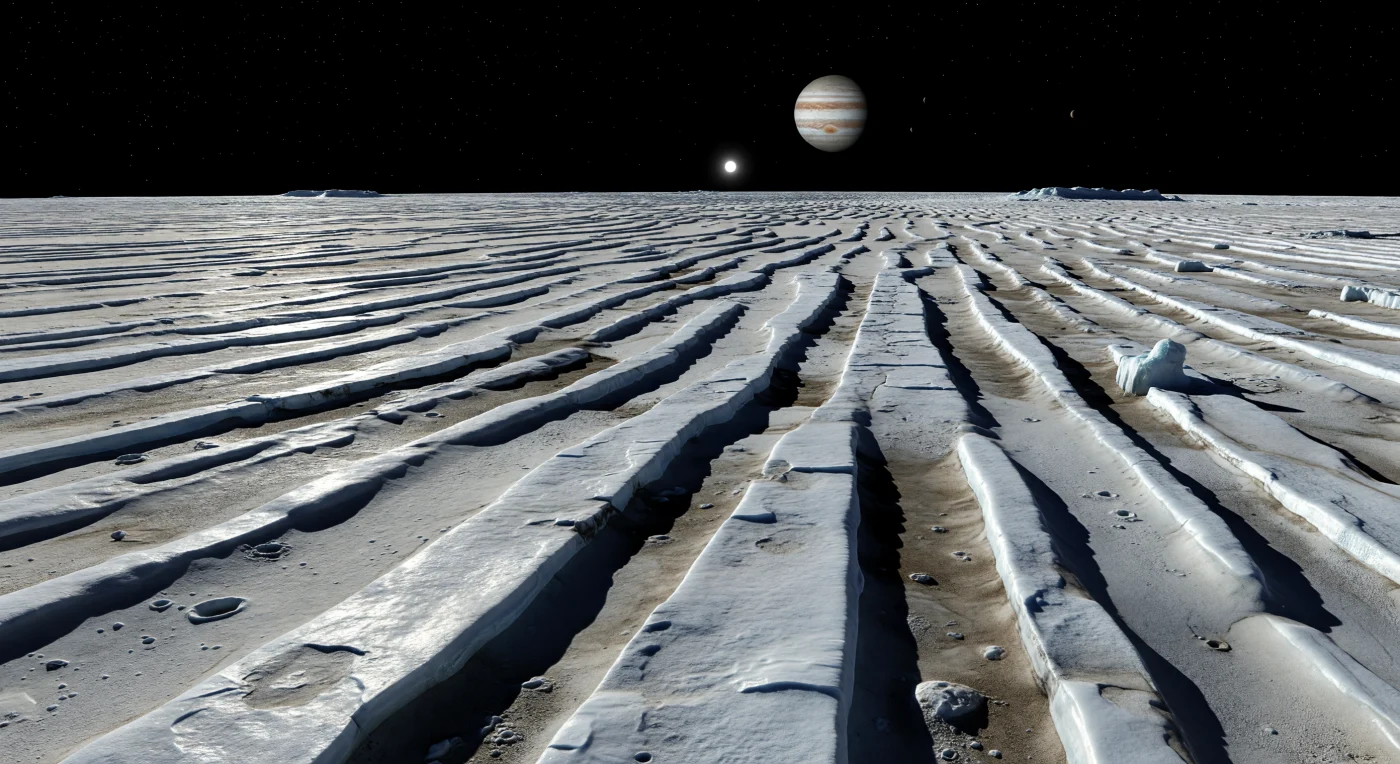 Au terminateur, le sol gelé se déploie en longues bandes parallèles de crêtes et de fossés tectoniques, où chaque arête de glace d’eau, blanche à bleuâtre, accroche un éclat dur du Soleil tandis que son versant opposé s’abîme dans un noir absolu. À vos pieds, des dalles de glace fracturées, des blocs anguleux, une poussière sombre riche en silicates piégée au fond des sillons et de minuscules cratères d’impact révèlent une croûte ancienne, remodelée par les contraintes tectoniques puis lentement adoucie par la relaxation visqueuse de la glace. L’absence totale d’atmosphère rend la lumière implacable, sans diffusion ni vent, avec seulement un faible renvoi lumineux sur les pentes voisines, tandis que le petit Soleil blanc rase l’horizon sous un ciel d’encre semé d’étoiles visibles même en plein jour. Au-dessus de cette immensité figée, où les rainures lumineuses se répètent sur des kilomètres jusqu’à se perdre au loin, Jupiter suspend sa masse gigantesque et rayée, donnant à ce désert glacé une présence cosmique écrasante et profondément étrangère.