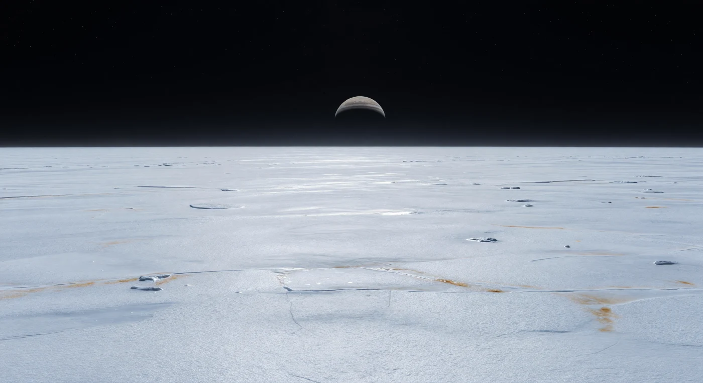 À hauteur de regard, une plaine de glace d’eau regelée s’étire sur des kilomètres jusqu’à un horizon doucement courbé, si lisse qu’elle semble presque abstraite, à peine troublée par de faibles ondulations, de fines cassures capillaires et quelques éclats miroir arrachés à la croûte de givre fritté. La surface, d’un blanc éclatant teinté de bleu froid, porte par endroits de minces traces brunâtres à rouille, probablement des sels irradiés et des composés soufrés concentrés dans les fractures, indices chimiques d’un monde glacé sans liquide stable en surface mais géologiquement encore actif sous sa coquille. Sous un ciel noir, sans nuages ni brume, la lumière solaire, faible mais directe, découpe des ombres nettes et fait scintiller les facettes durcies de la glace, tandis que l’énorme disque bandé de la planète géante suspendu bas sur l’horizon donne à cette étendue silencieuse une échelle presque démesurée. Tout paraît immobile, jeune et durci par le vide : une croûte lumineuse, façonnée par le regel et les contraintes de marée, recouvrant en profondeur un océan salé caché.