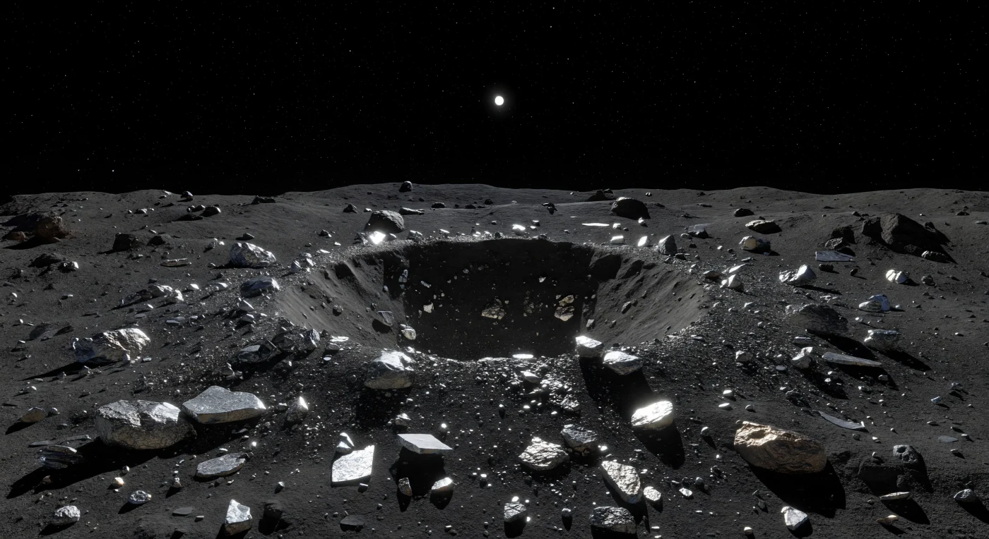 Devant vous, un jeune cratère d’à peine une douzaine de mètres entaille brutalement une plaine plus ancienne, sombre et riche en métal, son rebord net légèrement soulevé comme si l’impact venait juste de retourner la surface. Autour, un halo irrégulier d’éjectas s’éparpille sur le régolithe charbonné : éclats anguleux fer-nickel gris argenté, brèches métalliques en blocs, dalles fraîchement excavées et fines poussières noires piégées entre des fragments réfléchissants qui scintillent sous un Soleil lointain mais d’une blancheur implacable. L’absence totale d’atmosphère rend les ombres absolues et tranchantes ; l’intérieur abrupt du cratère bascule ainsi presque entièrement dans le noir, tandis que les faces métalliques les plus propres lancent de brefs éclairs froids, révélant le contraste entre matériau fraîchement exposé et surface vieillie, ternie par le bombardement micrométéoritique. Tout autour, l’horizon se courbe à très courte distance, les blocs perchés, petites cuvettes secondaires et modestes buttes de décombres semblant à peine retenus par une gravité infime, ce qui donne à ce paysage métallique une étrangeté silencieuse et une échelle presque irréelle.