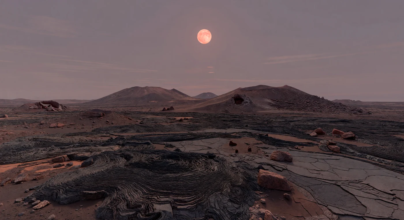 À midi local, on se tiendrait au bord d’une plaine basaltique immense, sèche et presque sans relief, où des coulées de lave pahoehoe noir charbon déroulent leurs textures cordées entre dalles gris cendre, rides de pression, fissures de contraction peu profondes et blocs anguleux épars jusqu’à l’horizon. Plus loin, de larges volcans-boucliers aux pentes douces émergent de la brume, édifiés par l’empilement de coulées basaltiques fluides, avec ici et là des tubes de lave effondrés, des nappes d’éboulis et de sombres taches de scories autour d’évents assoupis, tandis qu’une poussière brun rougeâtre s’accumule dans les creux et les fractures sous l’action du vent. Au-dessus, un ciel lavande gris à peine voilé par des bandes de brume minérale et quelques fins voiles d’altitude diffuse la lumière d’une grande étoile rouge orangée suspendue haut dans le ciel, adoucissant les contrastes et projetant sur les roches des ombres bordeaux gris aux contours flous. L’ensemble évoque un monde rocheux probablement verrouillé par les marées, où une atmosphère ténue à modérée filtre une lumière chaude et sourde, donnant à cette étendue volcanique plusieurs mètres de chenaux, des champs de blocs et des édifices lointains une grandeur silencieuse, étrangère et profondément réelle.