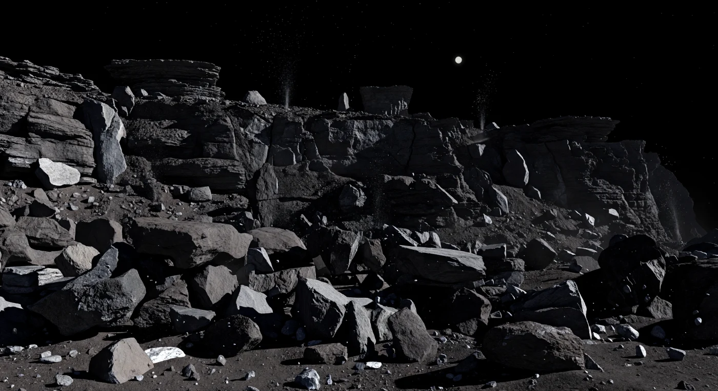 Au pied d’un escarpement presque vertical, le sol n’est qu’un chaos de blocs noir gris aux arêtes vives, empilés en équilibres improbables que seule une gravité infime permet de maintenir, avec des surplombs, des vides béants et des poussières sombres glissées entre les roches. La lumière solaire, plus dure et plus froide qu’au voisinage de la Terre, rase la paroi et révèle une croûte très sombre riche en composés organiques, à l’albédo extrêmement faible, tandis que les cassures récentes exposent des faces gris clair et, dans quelques creux ombragés, de rares traces de glace souillée. Derrière cet éboulis frais, la falaise stratifiée montre fractures nettes, niches d’effondrement, corniches déchiquetées et silhouettes de mesas tronquées, témoignages d’un petit noyau cométaire d’à peine quelques kilomètres mais d’un relief étonnamment brutal. Dans le vide noir absolu, sans air pour adoucir les contrastes, les ombres sont parfaitement noires, quelques grains dérivent encore au ras du terrain et de faibles jets de sublimation s’élèvent plus loin, donnant à cette scène immobile l’étrangeté d’un paysage à la fois figé et constamment en train de se défaire.