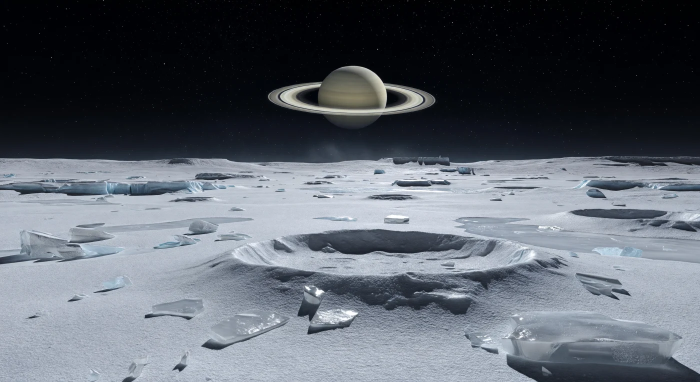 검고 완전히 비어 있는 하늘 아래, 거대한 행성이 거의 움직임 없이 걸려 있고 그 반사광이 분화구 가장자리와 서릿발 낀 평원을 차갑고 은빛으로 어루만지며, 발아래에는 눈처럼 고운 얼음 입자와 각진 파쇄 얼음, 단단히 소결된 성에 퇴적물이 숨죽인 채 펼쳐집니다. 이곳의 표면은 거의 전부 물얼음으로 이루어져 있어 태양이 없는 밤에도 놀라울 만큼 많은 빛을 되돌려 보내며, 대기가 없어 작은 2차 충돌구의 날카로운 분출물 무늬와 얕은 충돌구 림, 단층성 절벽의 미세한 음영까지 흐려짐 없이 보존됩니다. 낮은 중력과 작은 반지름 때문에 지평선은 이상할 만큼 가깝고 강하게 굽어 보이며, 그 너머의 얼음 능선과 균열 경계 사면이 마치 작은 세계의 가장자리에서 솟아오른 벽처럼 도드라집니다. 별빛은 조금도 번지지 않은 채 검은 진공 속에 박혀 있고, 고리에서 반사된 옅은 회은색 빛이 서리밭 위로 희미한 그라데이션을 더해, 얼음 지각과 숨은 바다가 만드는 이 조용한 지질학의 현장을 숨 막히도록 낯설고 장엄하게 느끼게 합니다.