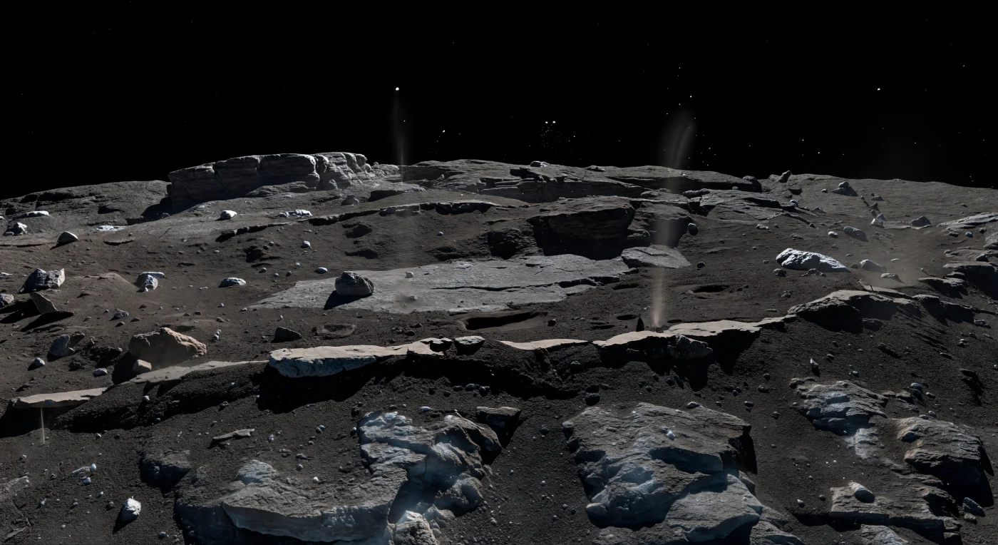 Devant vous, un petit escarpement irrégulier de quelques mètres de haut entaille le premier plan, là où un manteau lisse de poussière organique presque noire s’est récemment rétracté, dévoilant un terrain plus frais, plus rugueux et légèrement bleuté, semé d’éclats brillants de glace d’eau. Sous la lumière rasante d’un Soleil minuscule mais intense, chaque dalle fracturée, chaque motte d’éboulis sombre et chaque fissure projette des ombres d’une netteté extrême dans le vide absolu, tandis que de fins filets de gaz et de poussière s’échappent des zones nouvellement exposées, témoignant de la sublimation des glaces volatiles. Cette frontière d’érosion saisonnière révèle la nature du noyau : un assemblage très poreux de poussières réfractaires, de matériaux consolidés fragiles et de glaces sales, dont la surface, malgré un albédo d’à peine quelques pourcents, évolue activement au fil de l’ensoleillement. L’horizon, tout proche et subtilement courbé sous la très faible gravité, le ciel noir sans atmosphère et les rares grains de poussière flottant au-dessus du sol donnent à cette scène l’étrangeté d’un monde minuscule, gelé et pourtant en perpétuelle transformation.